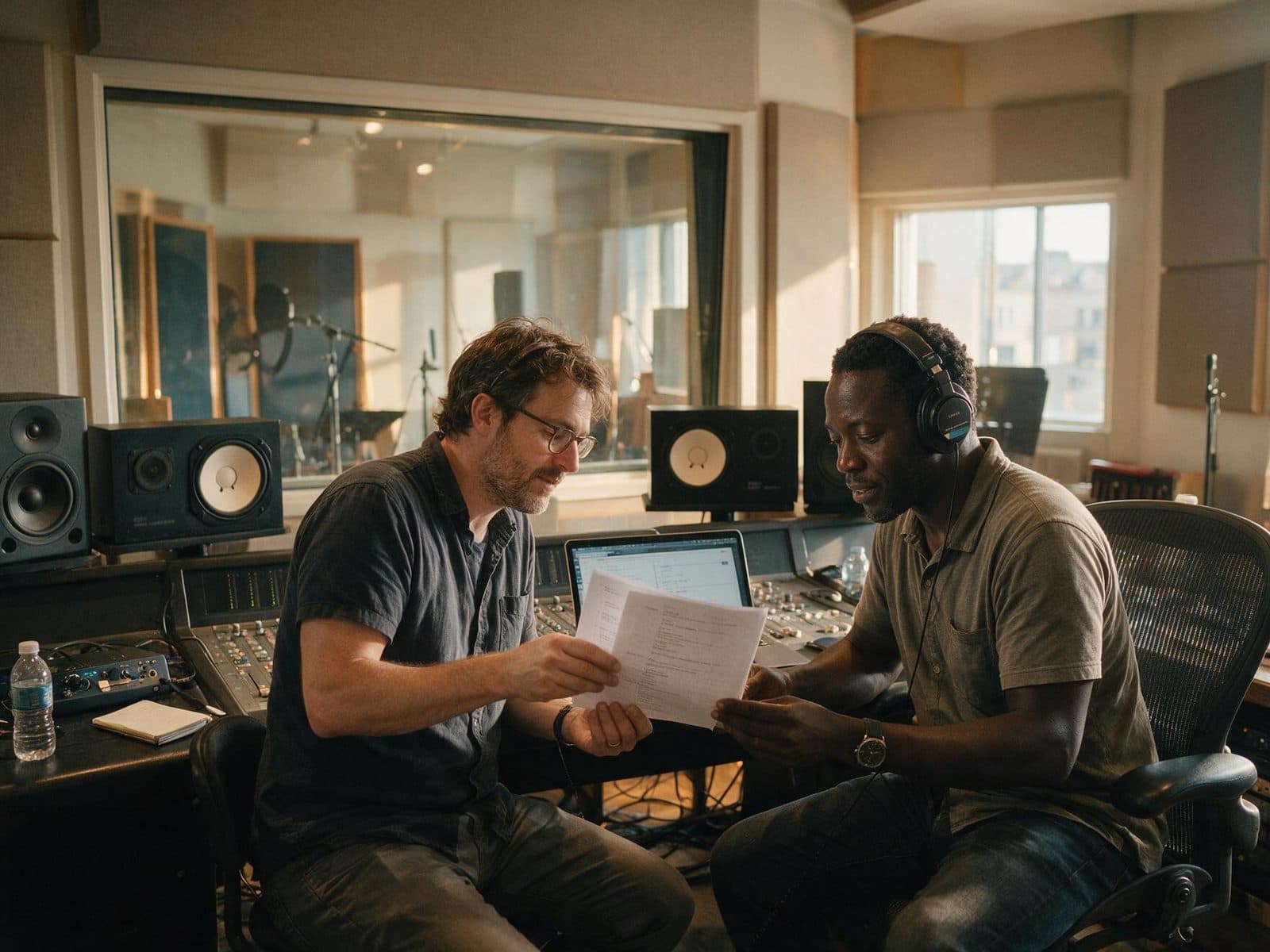 Producer and voice actor going through a script in the studio control room before a session