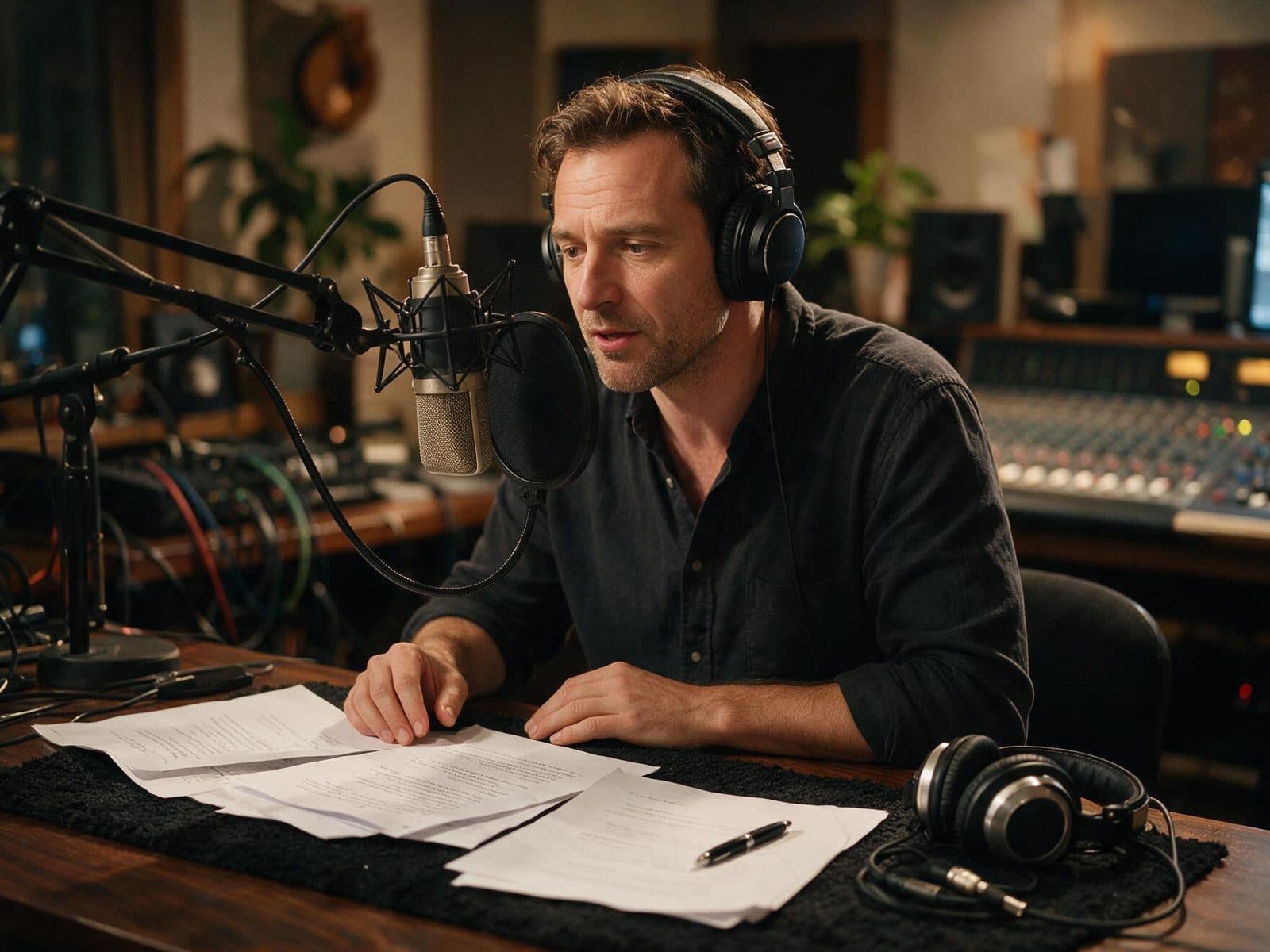 Turkish voice actor recording a script in a professional studio