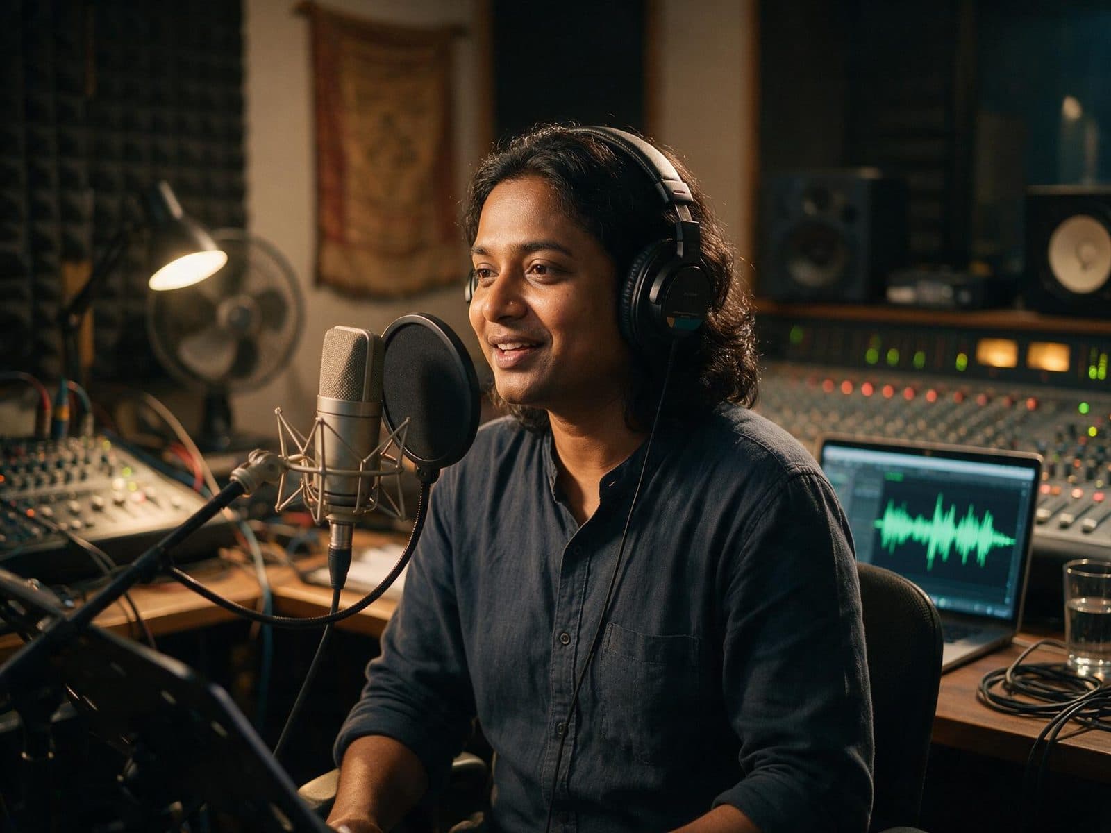 Malay voice actor recording a script in a professional studio