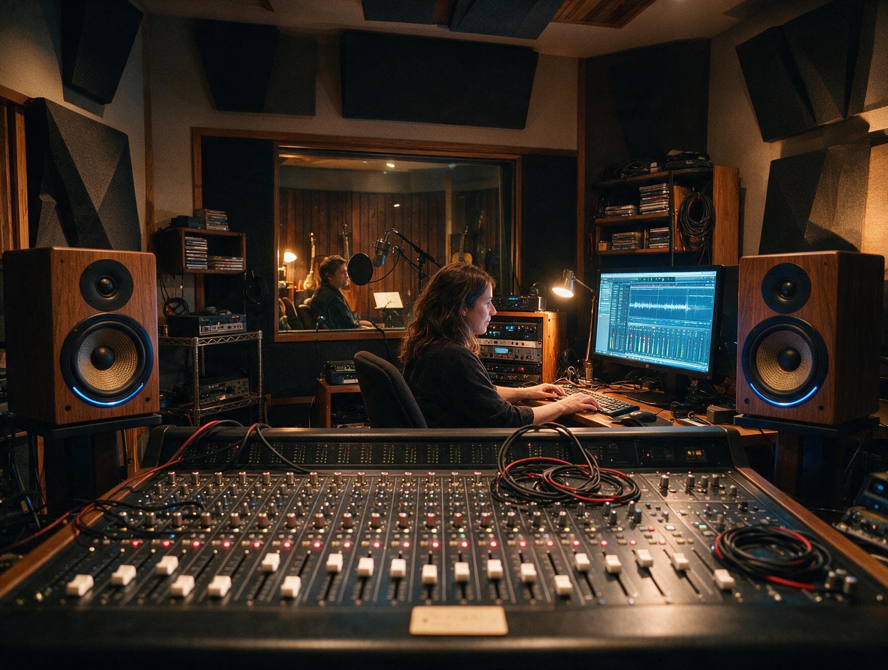 Control room and recording booth in our London studio, seen from the mixing desk during a Malagasy session