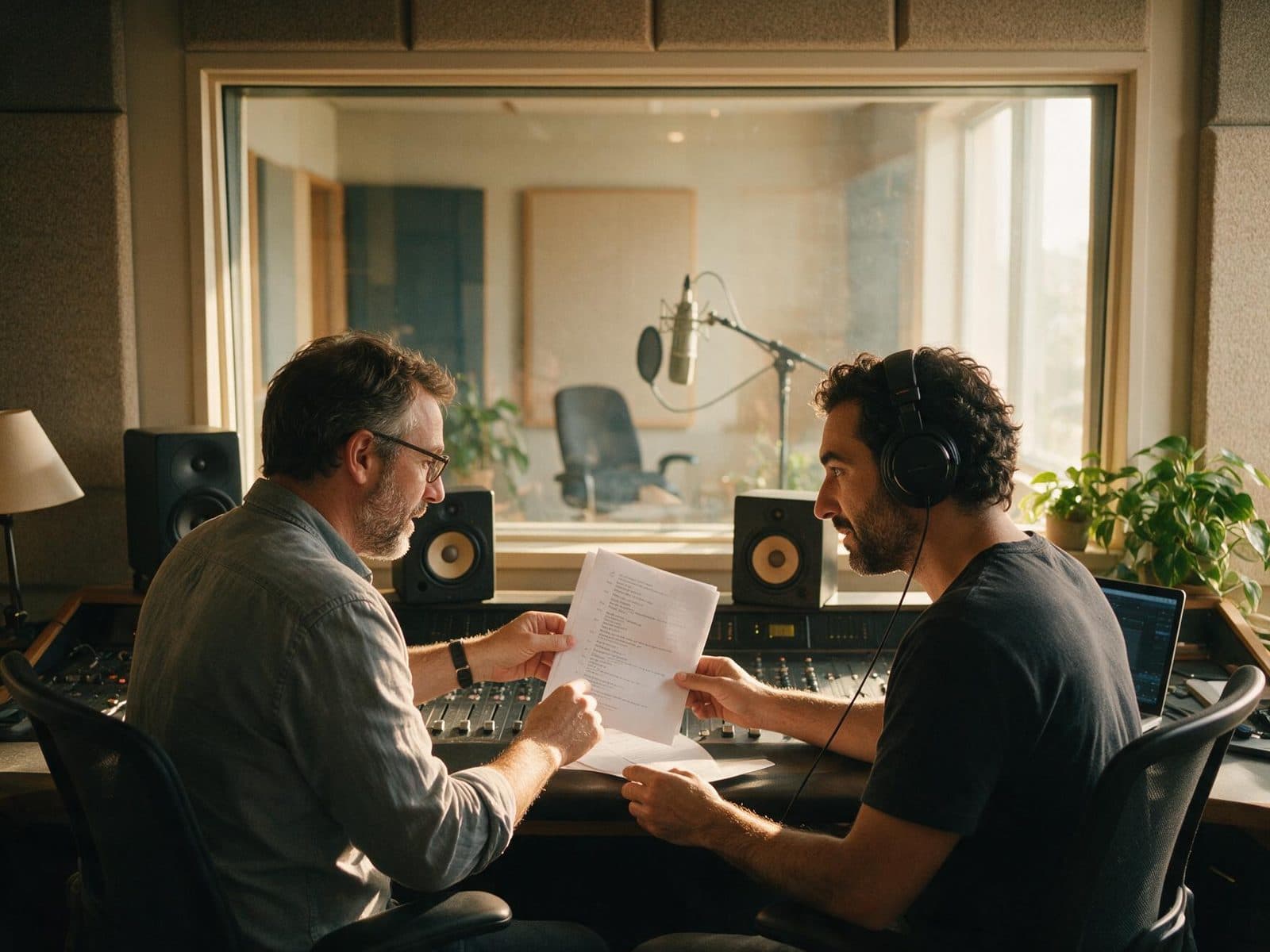 Producer and voice actor going through a script in the studio control room before a session