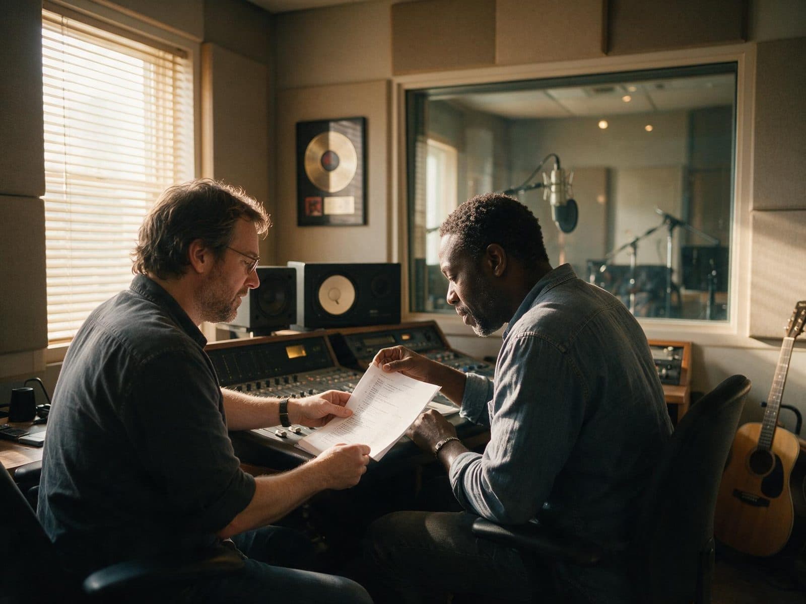 Producer and voice actor going through a script in the studio control room before a session