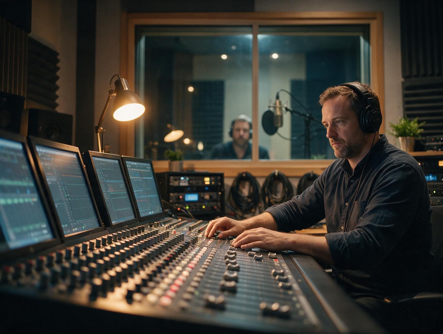 Voice actor and director going through a script together before a recording session