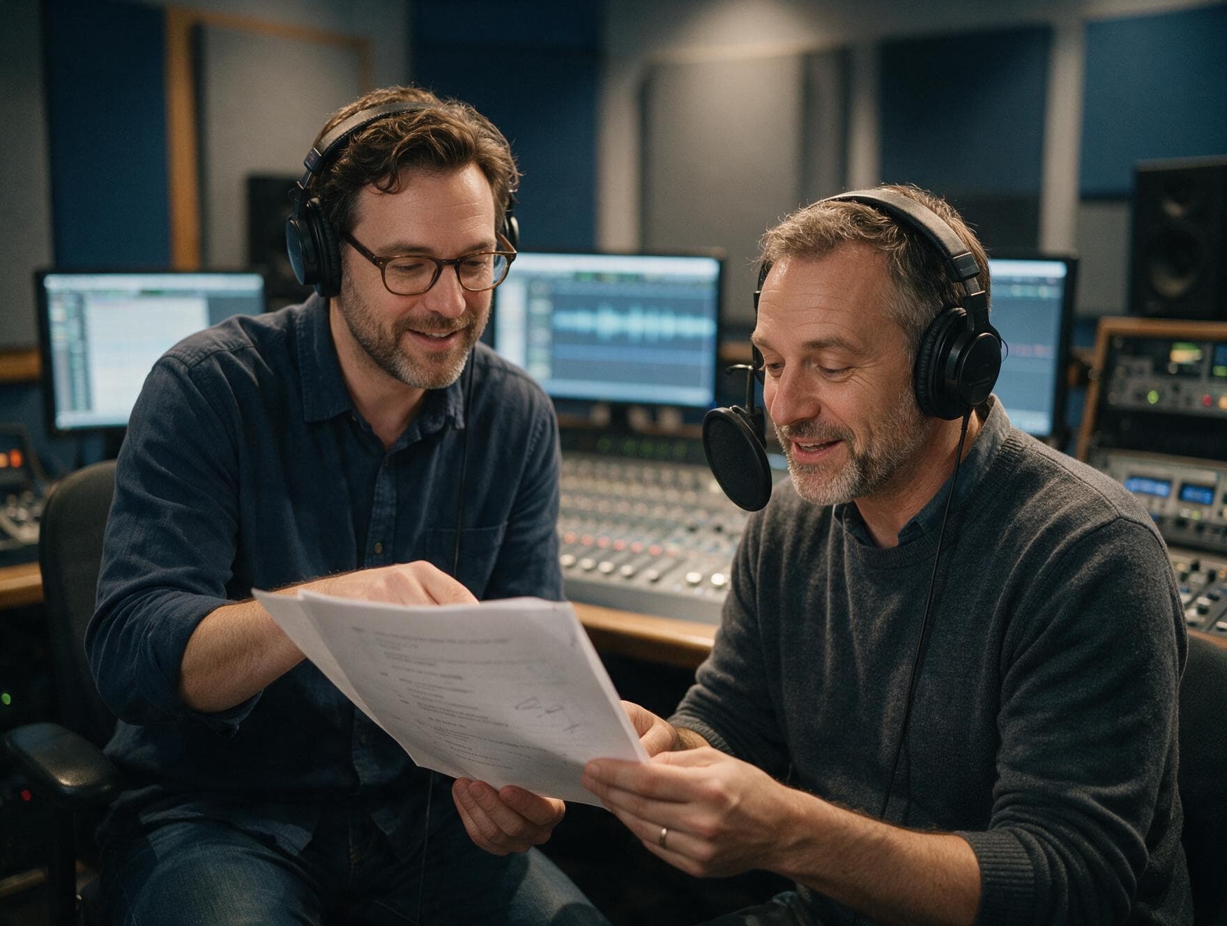 Voice actor and director going through a script together before a recording session