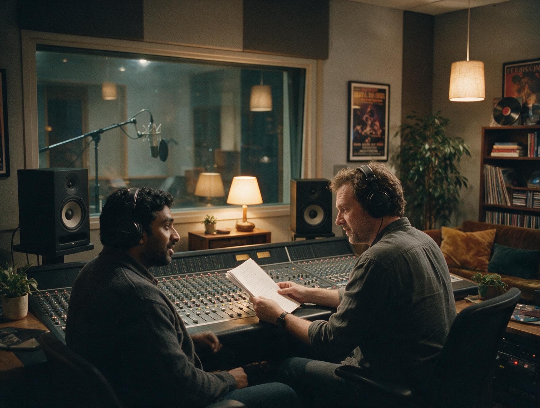 Voice actor and sound engineer working together in a London recording studio