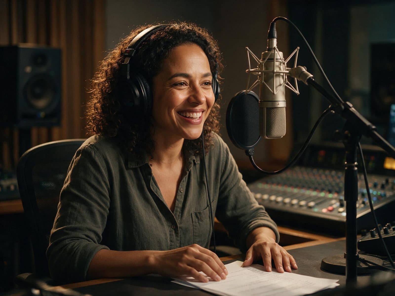 Ukrainian voice actor recording a script in a professional studio