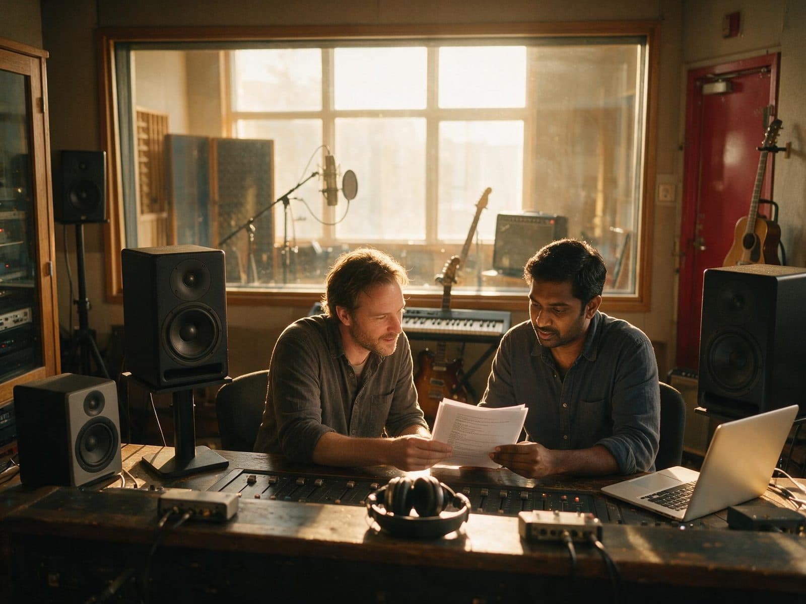 Producer and voice actor going through a script in the studio control room before a session