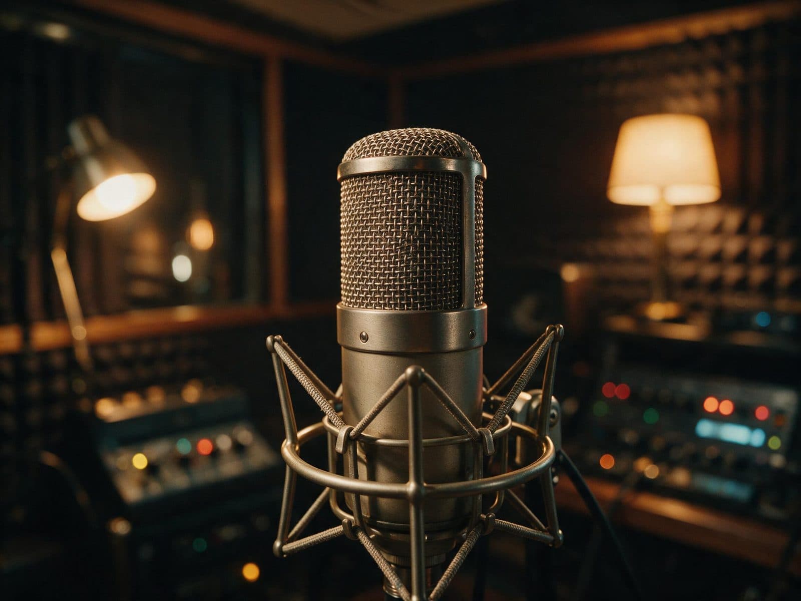 Vintage studio microphone in the warmly lit room used for Latvian recordings