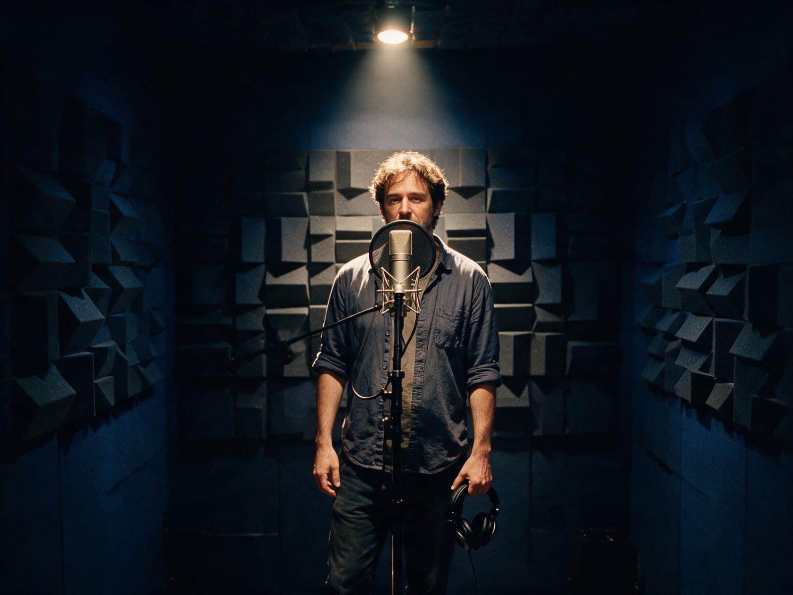 Slovak voice actor at the microphone in an acoustically treated recording booth