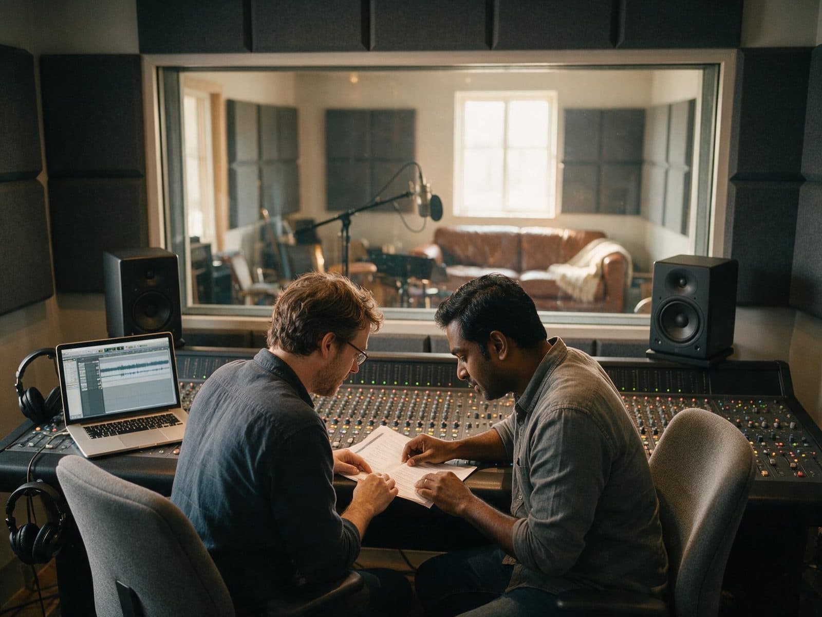 Producer and voice actor going through a script in the studio control room before a session