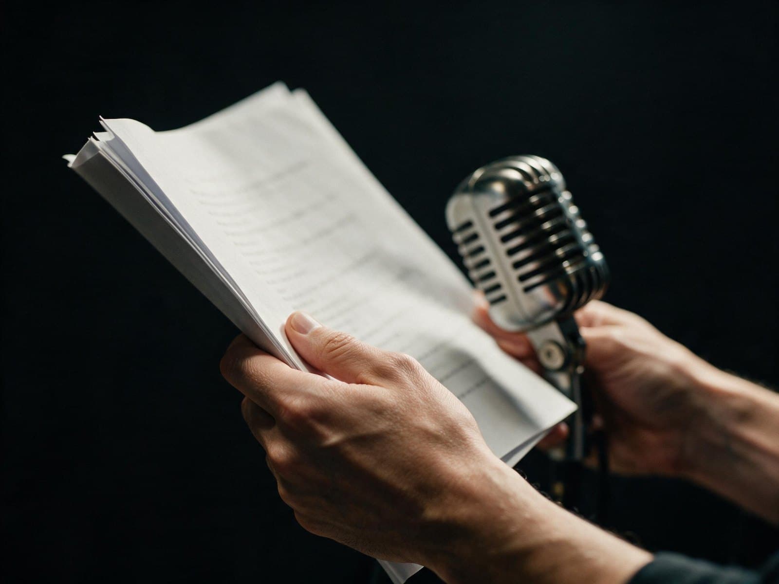 Serbian voice actor holding a script beside a vintage studio microphone