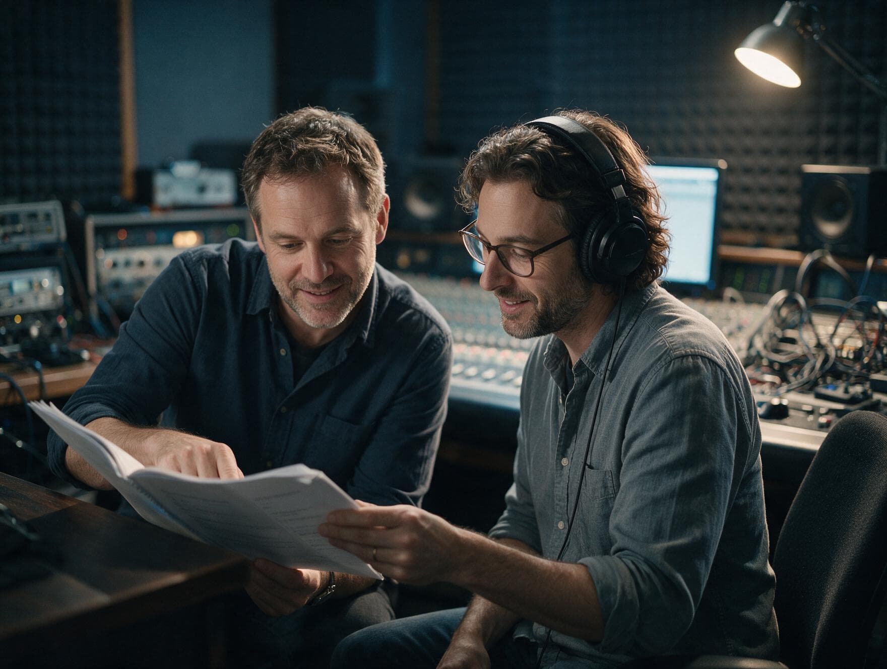 Voice actor and sound engineer working together in a London recording studio