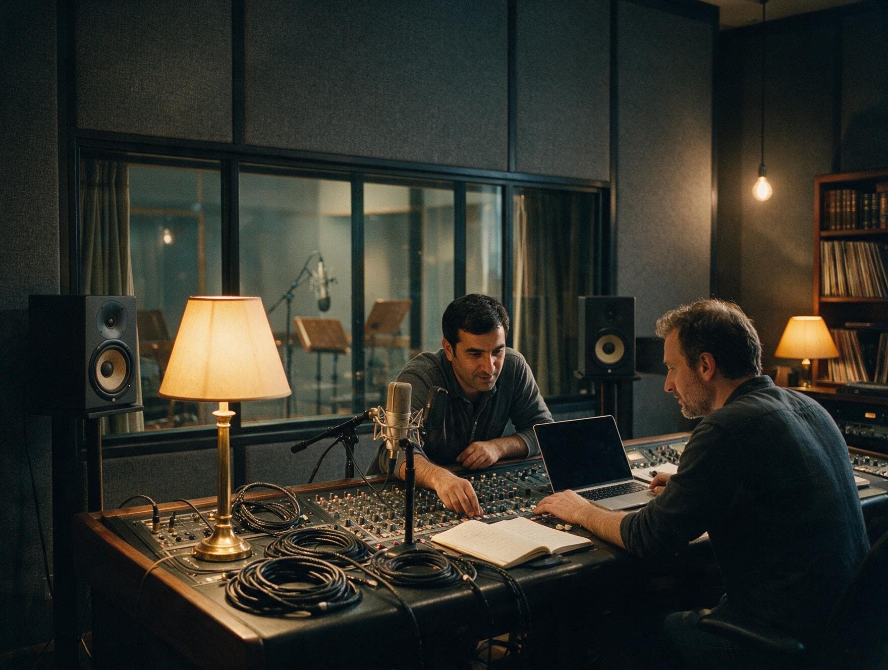 Voice actor and sound engineer working together in a London recording studio