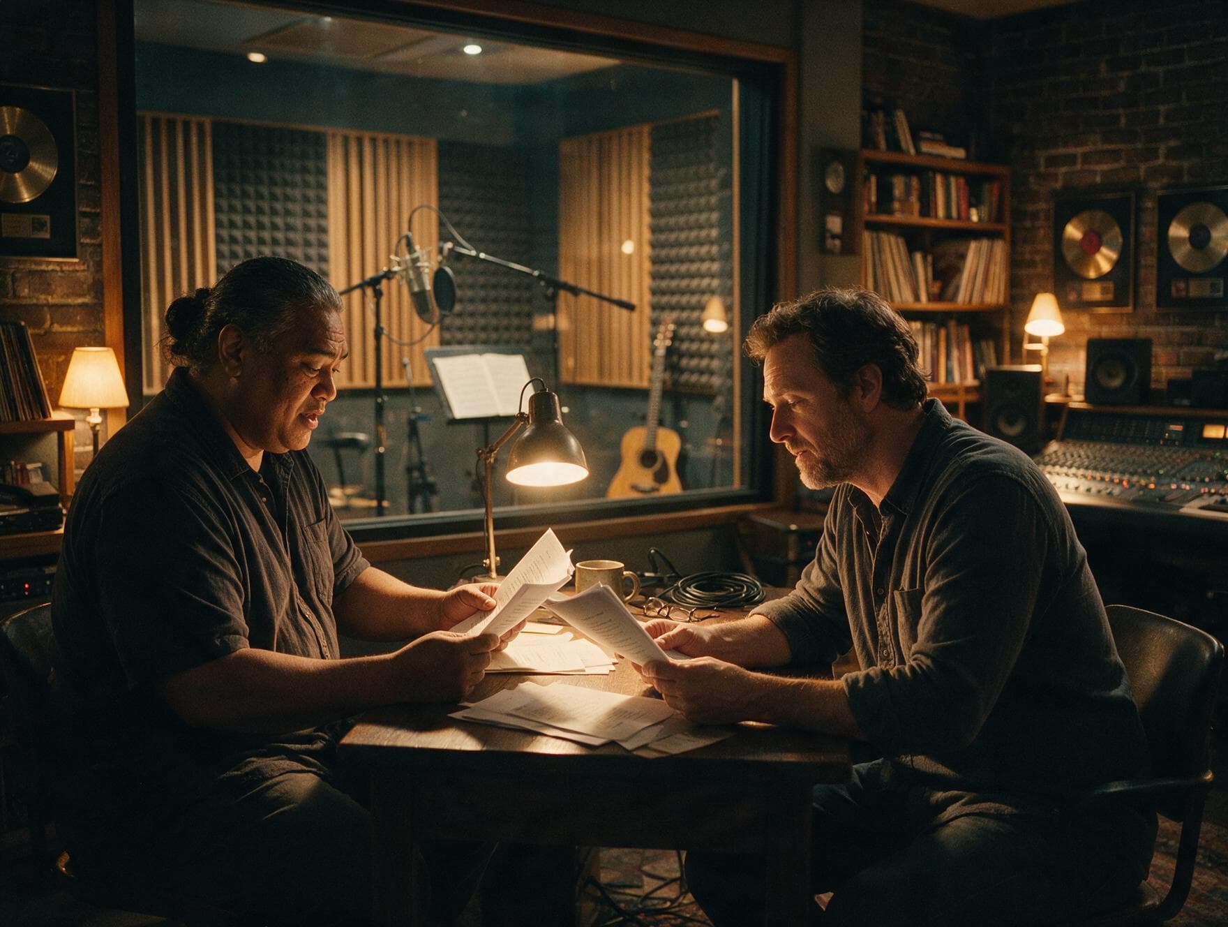 Voice actor and director going through a script together before a recording session