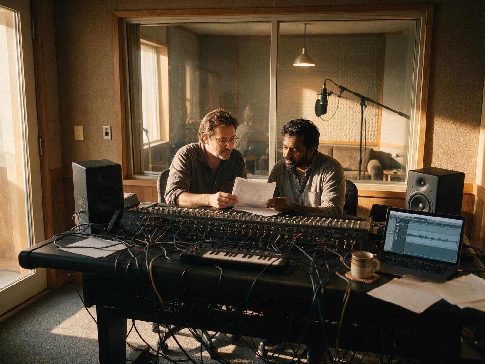 Producer and voice actor going through a script in the studio control room before a session