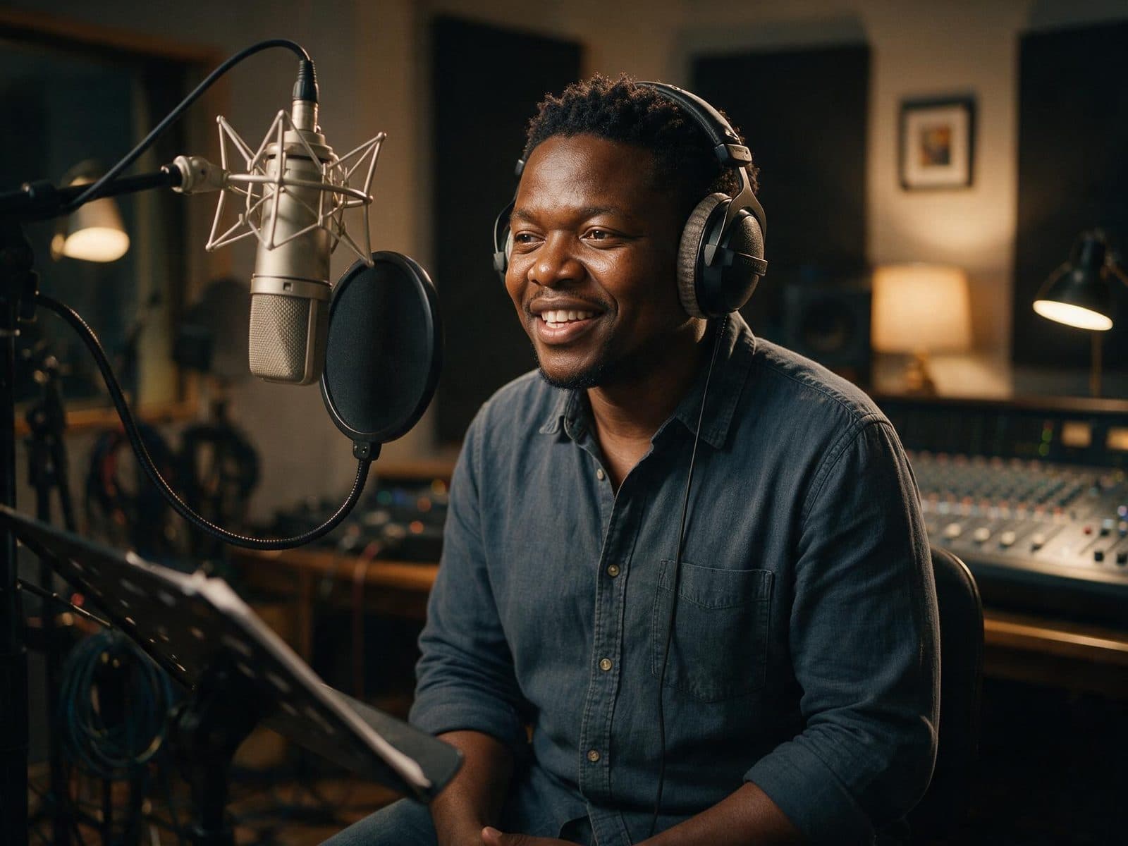 Sesotho voice actor recording a script in a professional studio