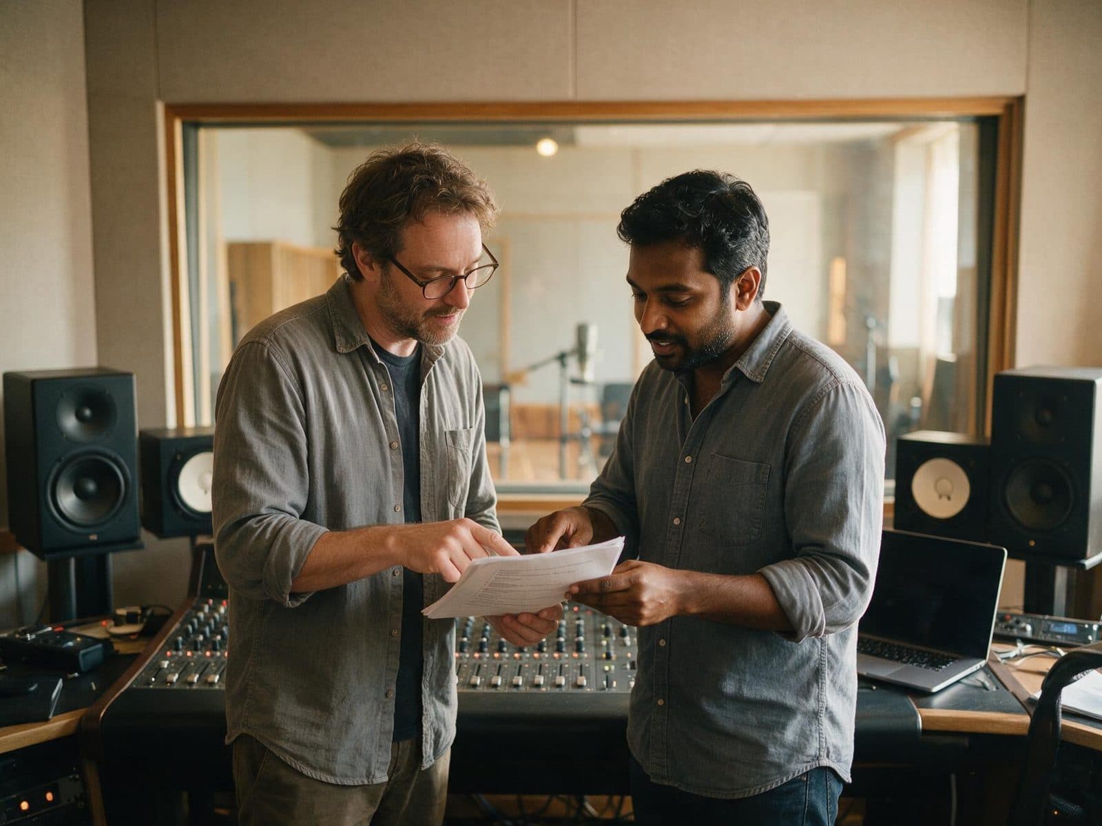 Producer and voice actor going through a script in the studio control room before a session