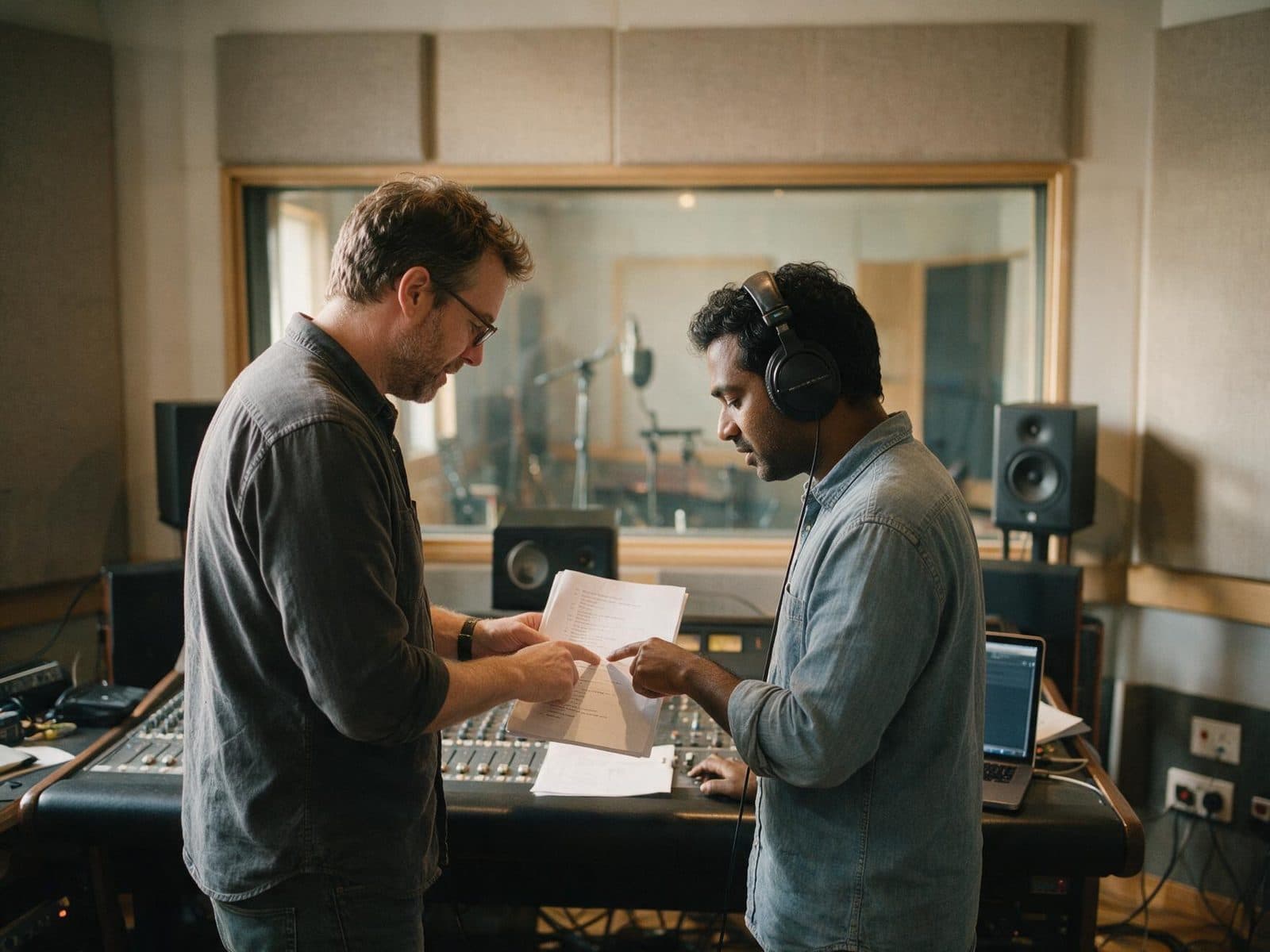 Producer and voice actor going through a script in the studio control room before a session
