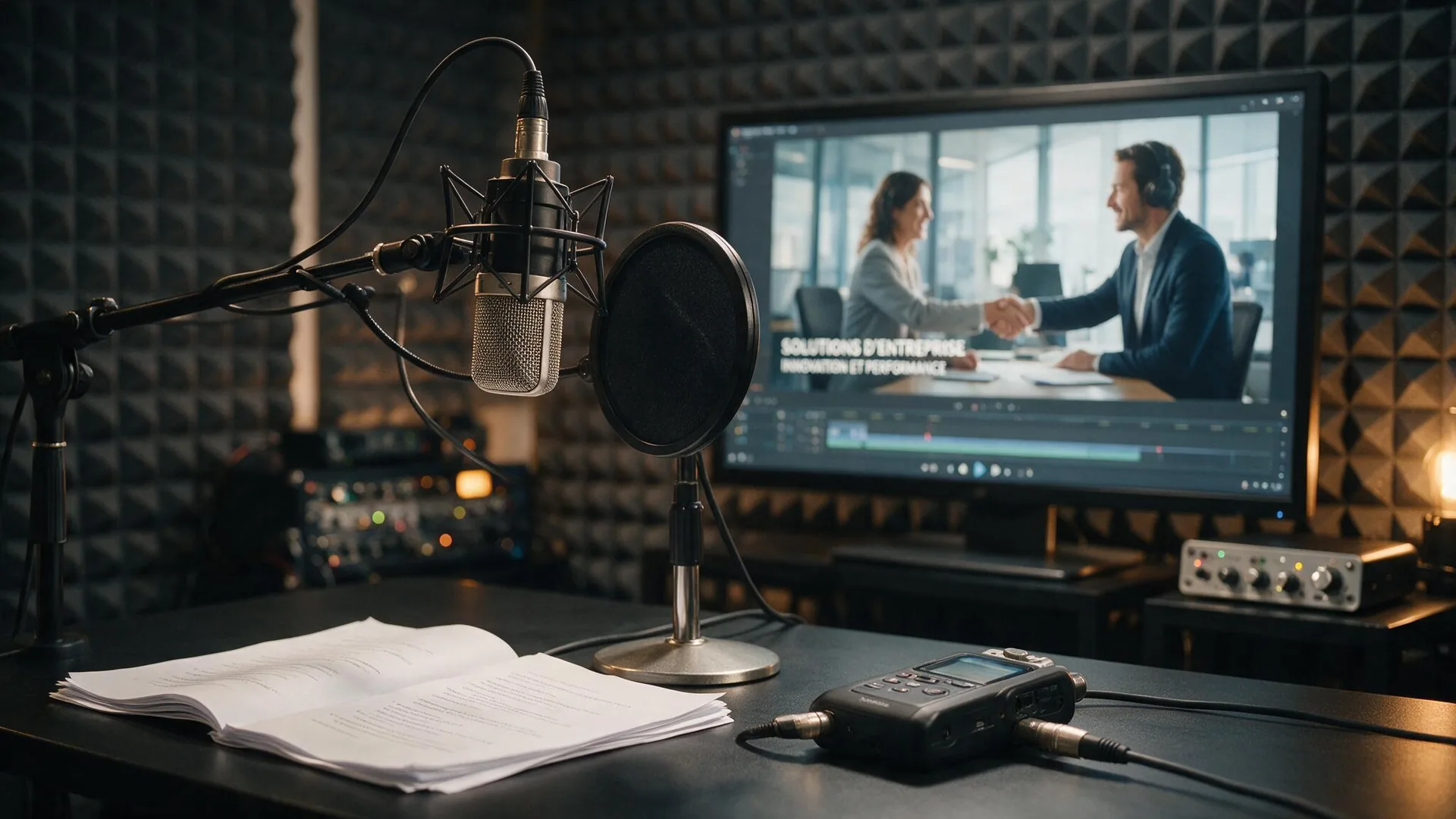 French voice actor recording a corporate web video in the studio