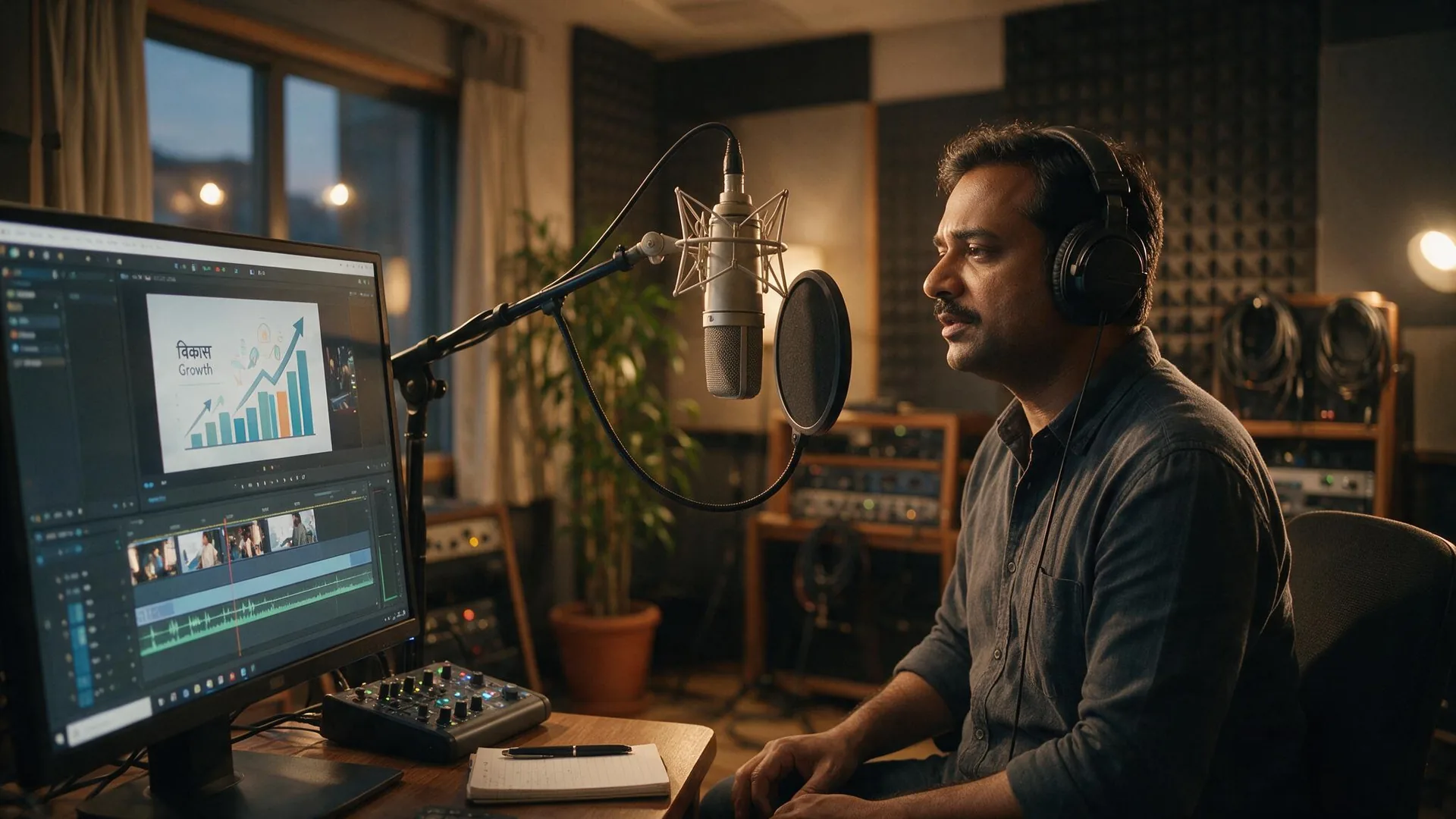 Bengali voice actor recording an animated educational series in the studio