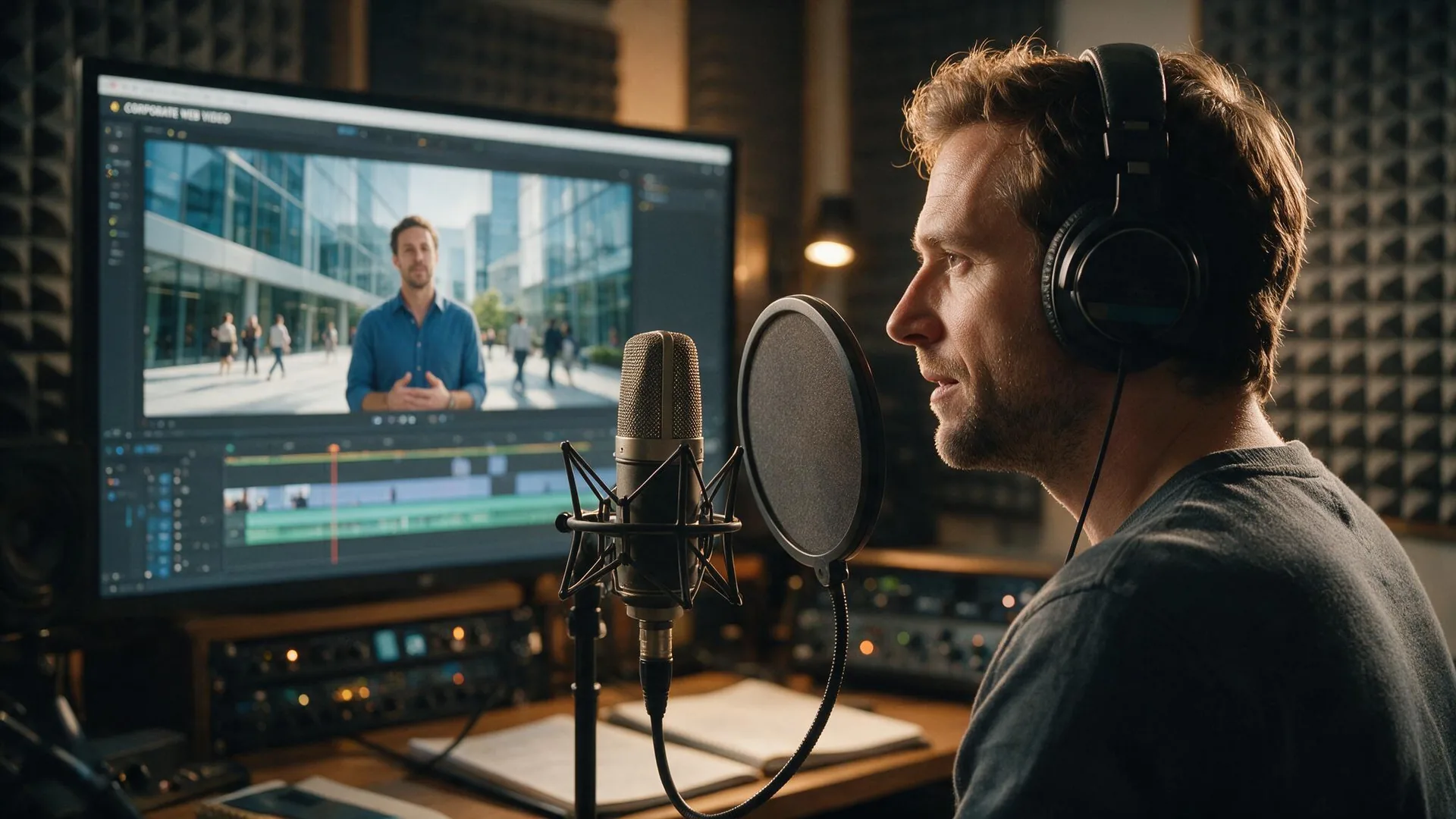 Dutch voice actor recording an instructional video in the studio