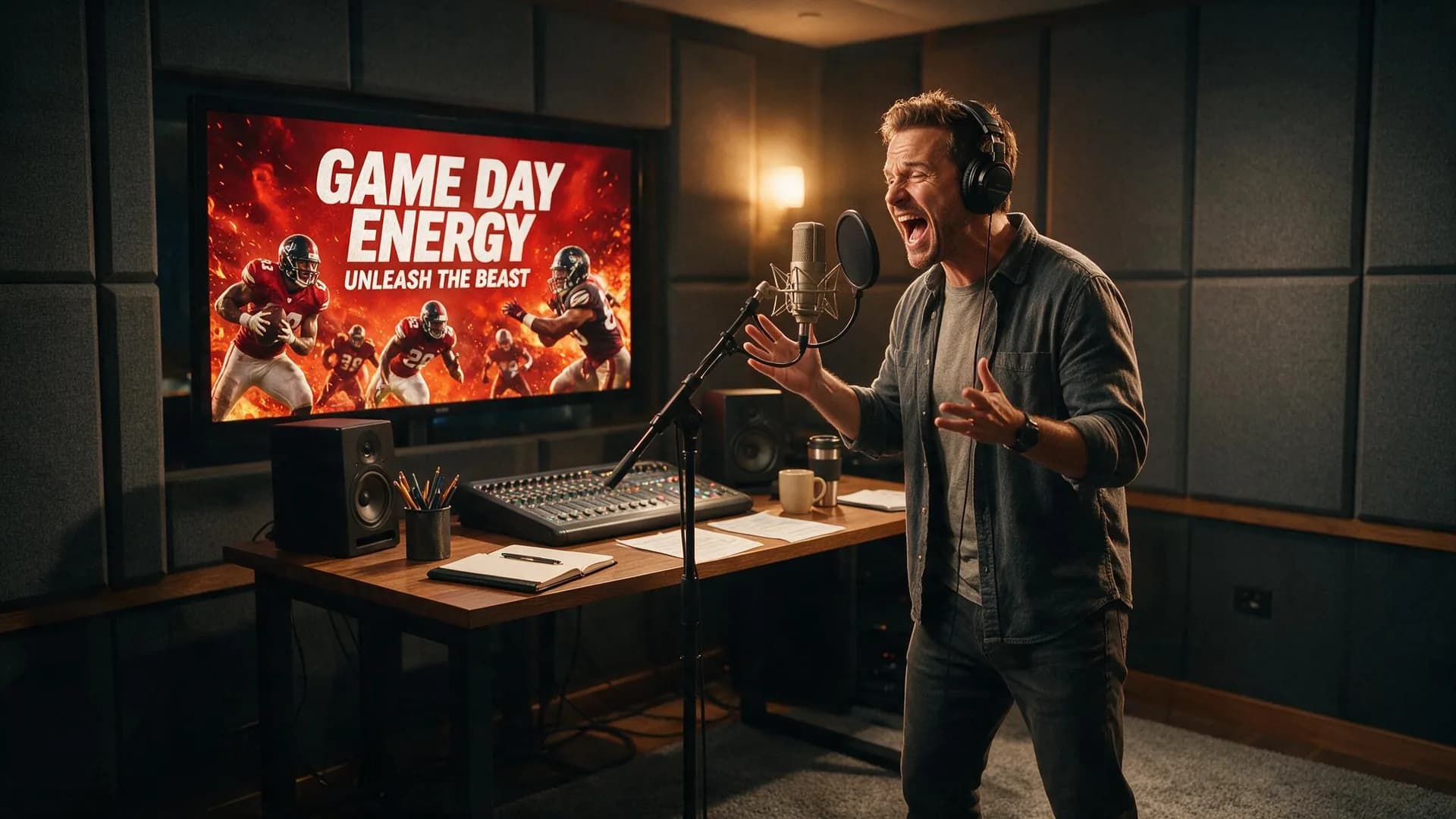American voice actor recording a sports-commentary style advert in a professional studio