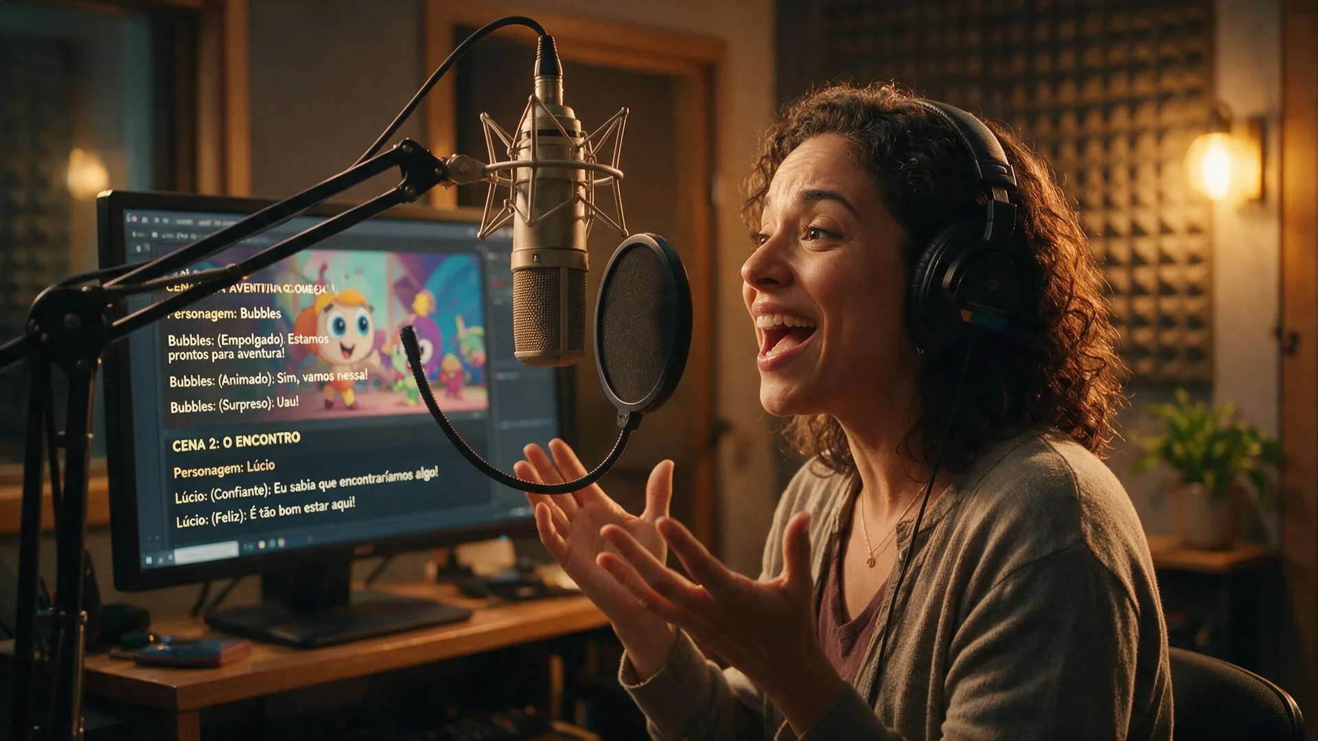 Brazilian Portuguese voice actor recording an animation dub in a professional studio