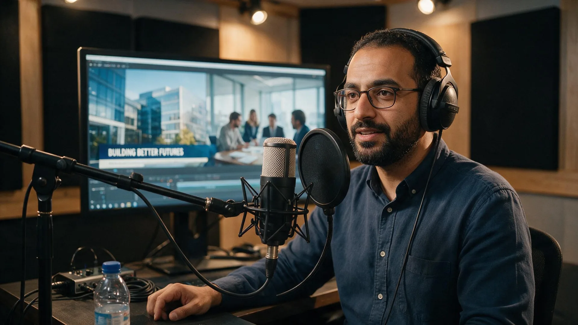 Arabic voice actor recording a documentary voiceover in the studio