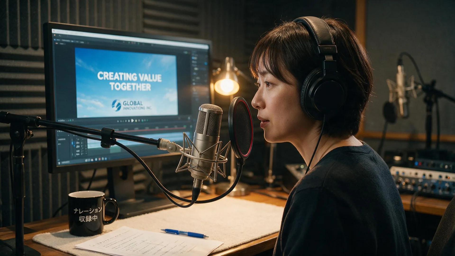 Vietnamese voice actor recording in the studio in the studio
