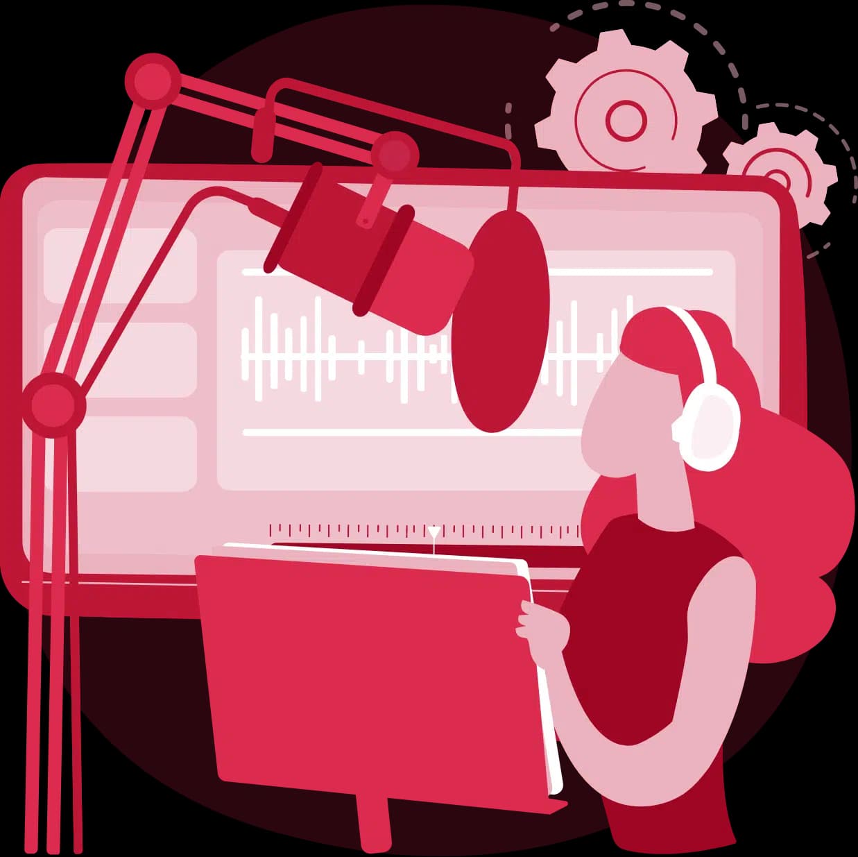 Illustration of a voice actor recording a radio script in a studio
