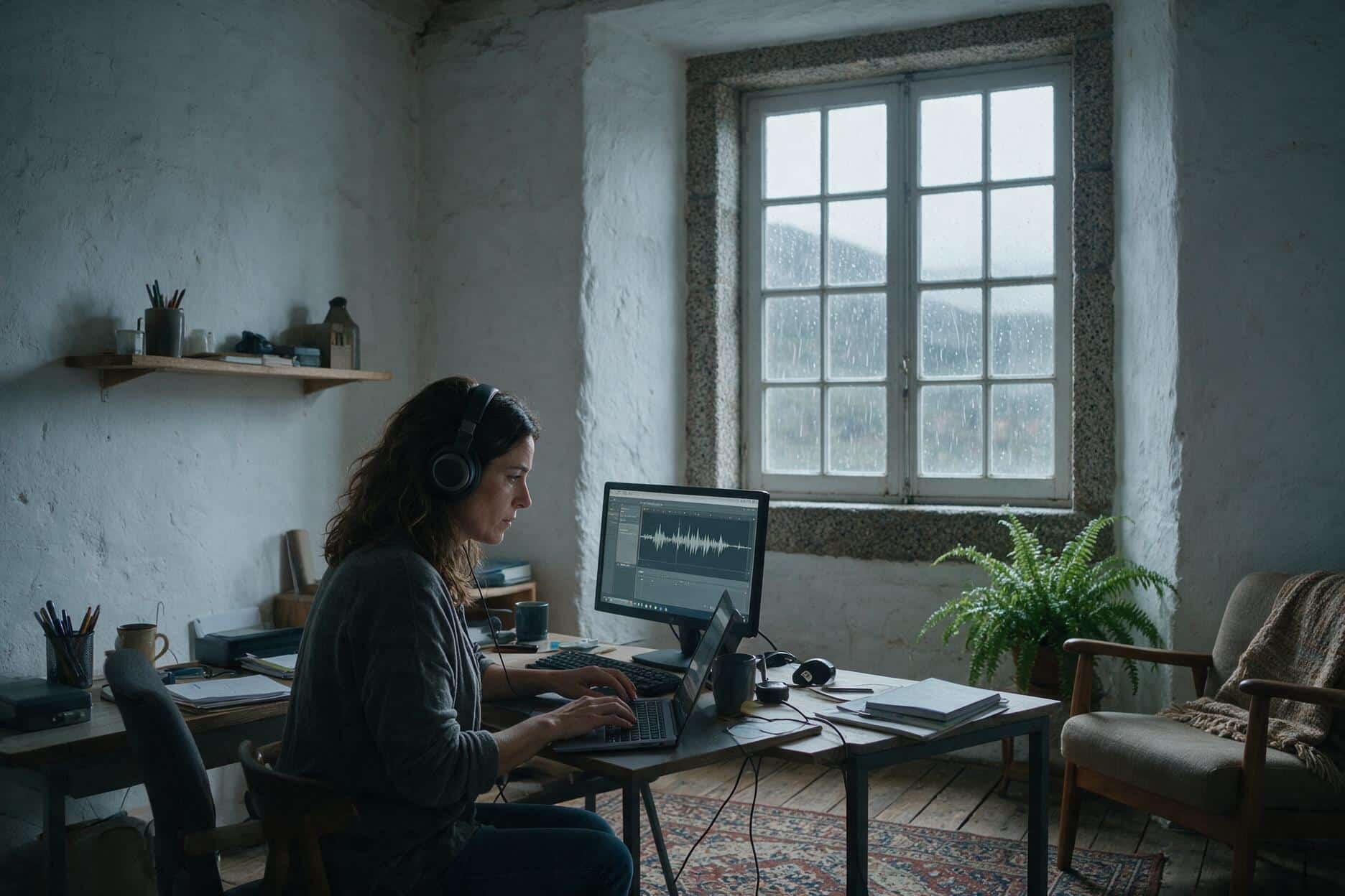 A transcriber listening through headphones and typing up a Galician recording