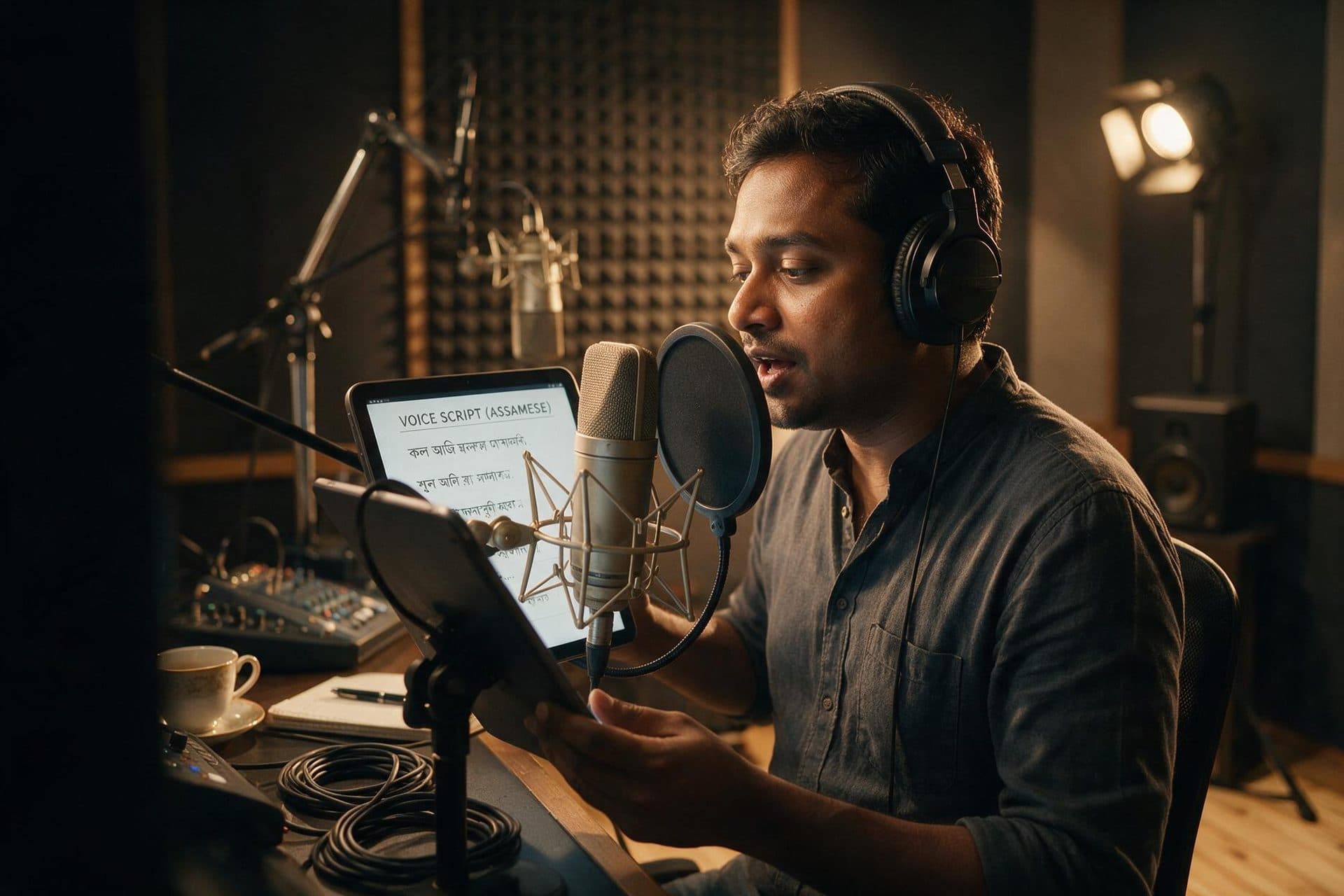 Professional Malay voice actor recording in a broadcast-quality studio