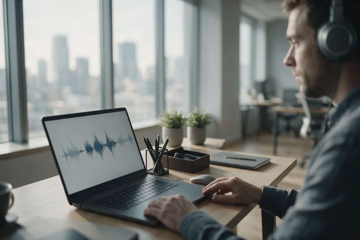 A transcriber listening through headphones and typing up a recording