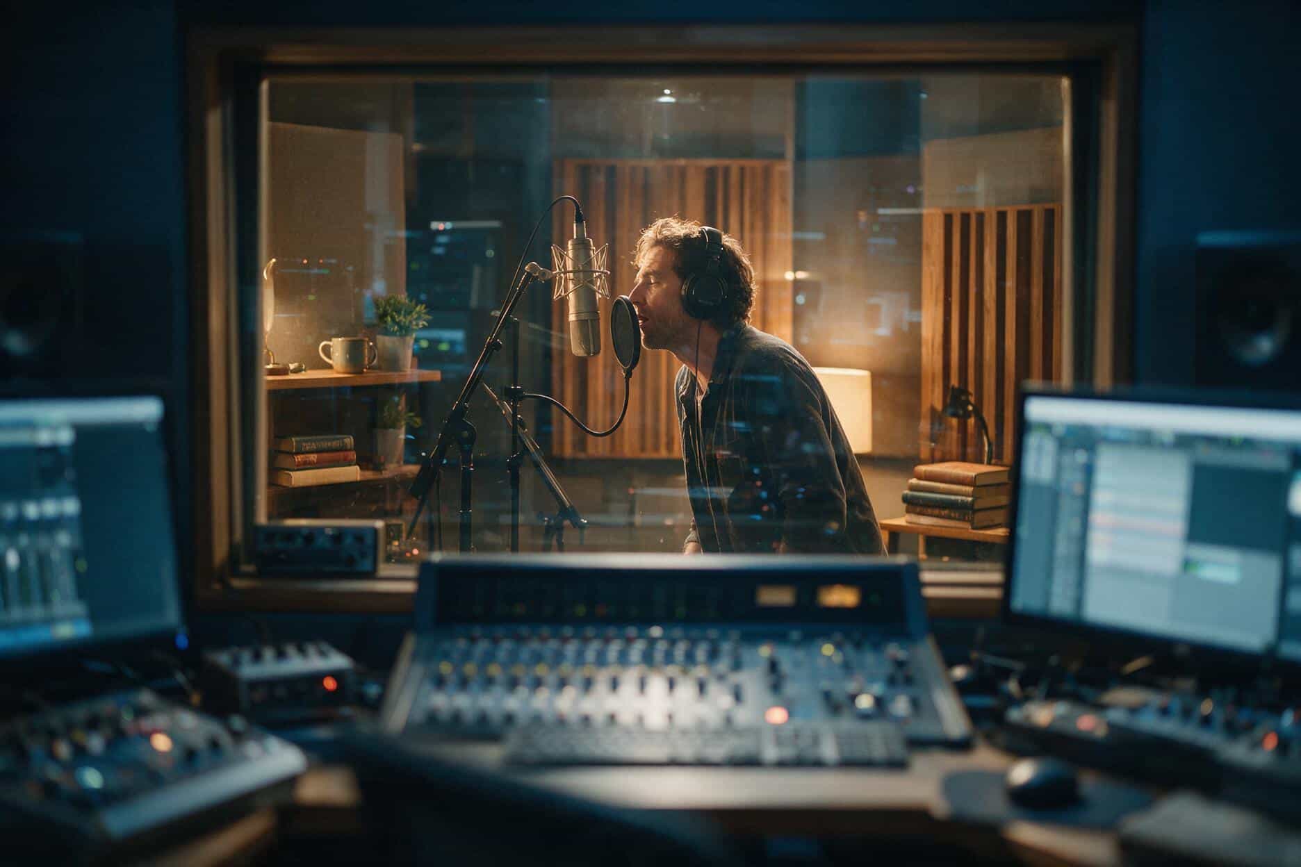 Voice actor at the microphone during an Igbo recording session