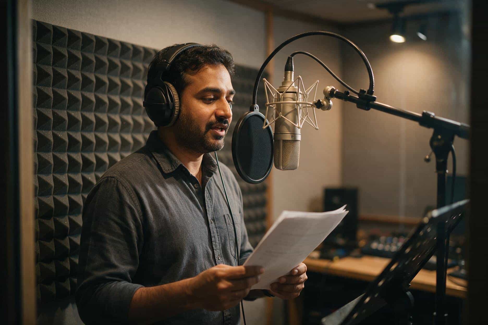 Voice actor recording a Bhojpuri session, seen through the studio booth window
