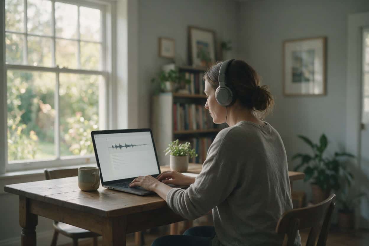 A transcriber listening through headphones and typing up a recording