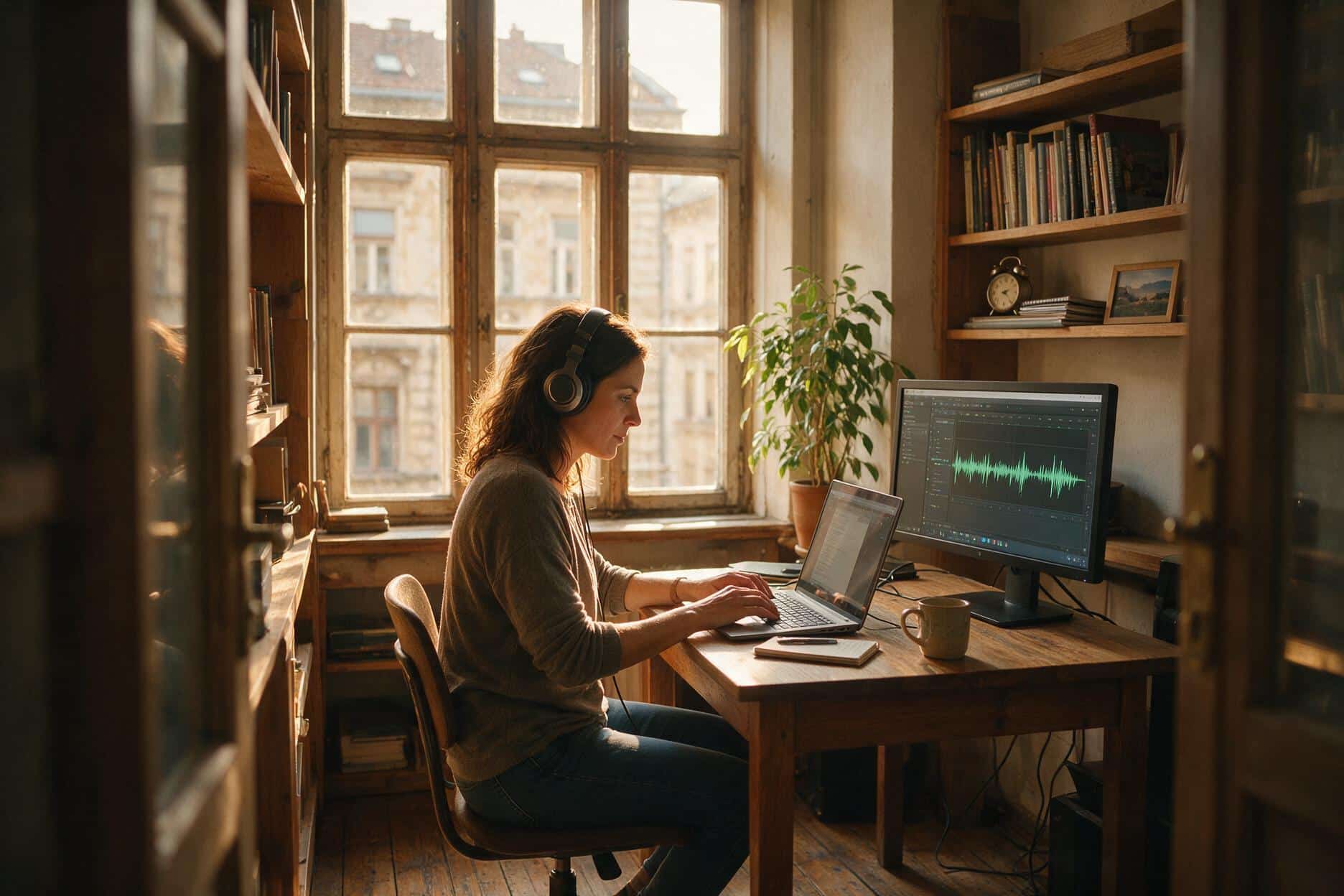 A transcriber listening through headphones and typing up a Croatian recording