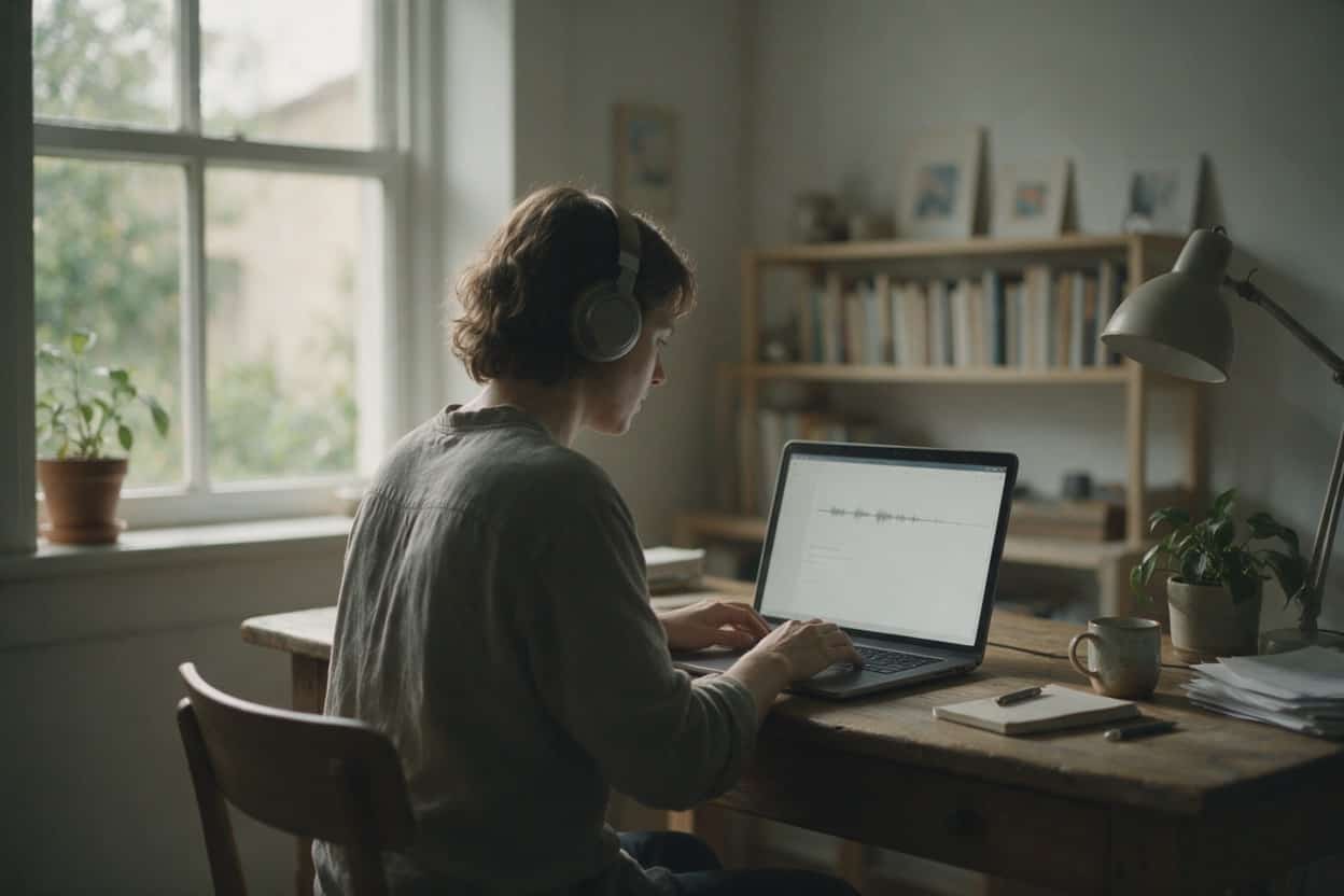 A transcriber listening through headphones and typing up a recording