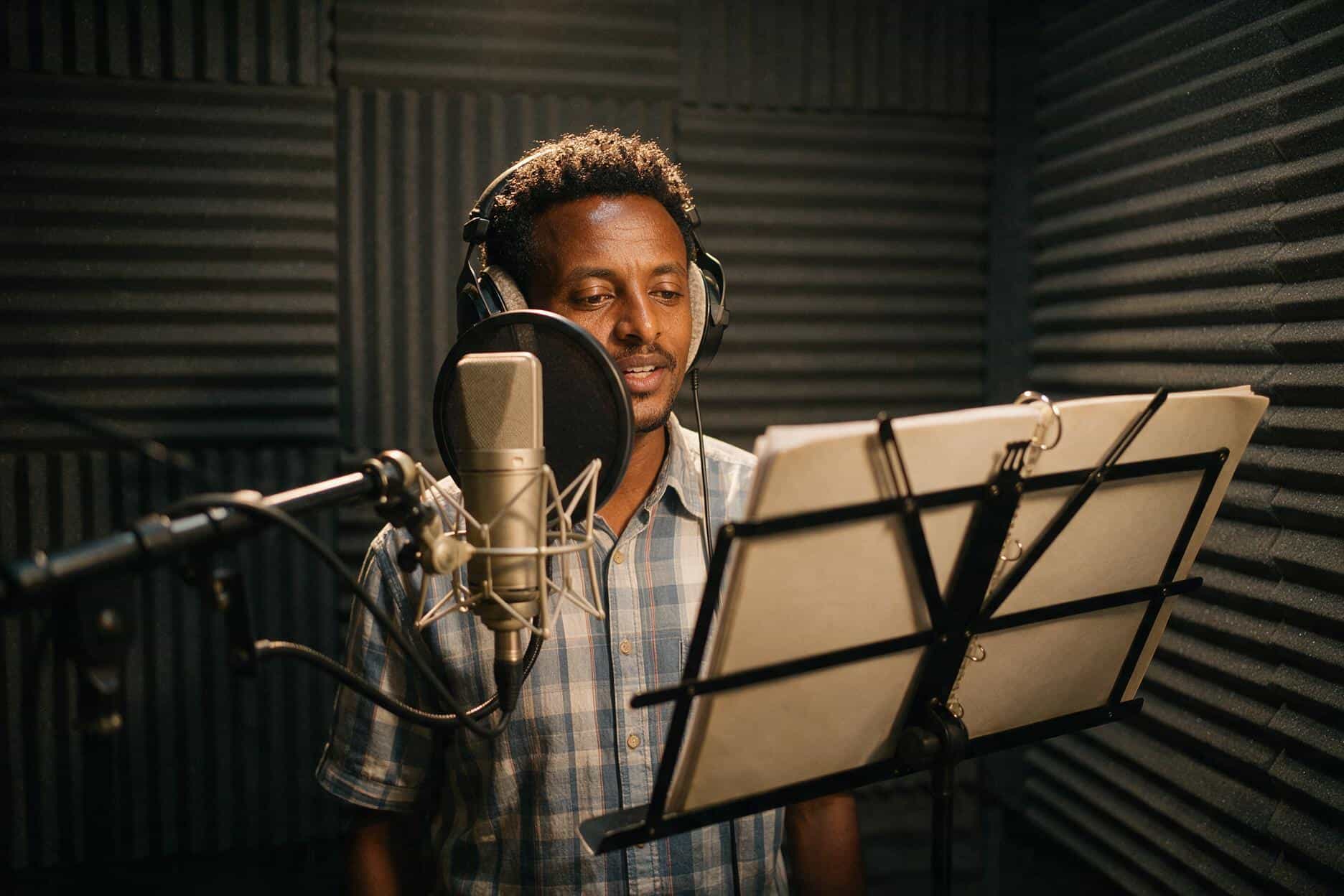 Voice actor recording an Amharic session, seen from the studio control room