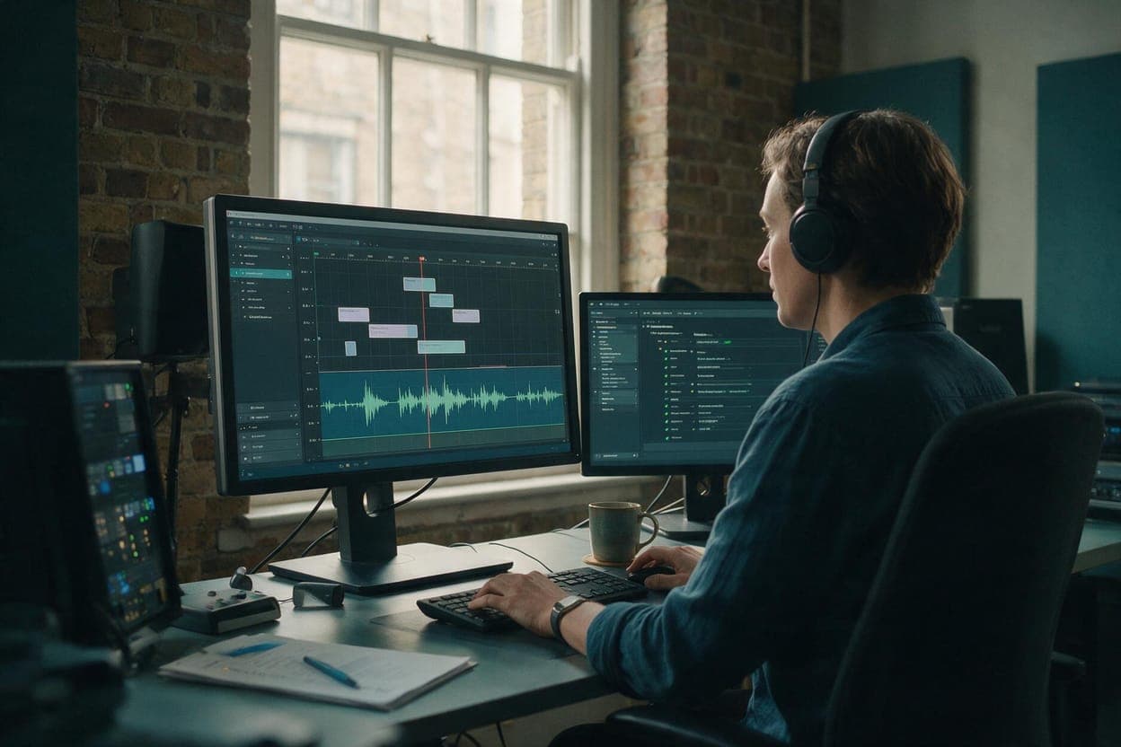 English subtitles being timed against video in a post-production suite