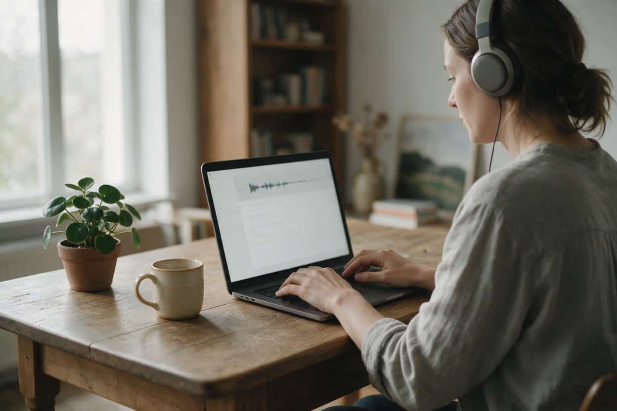 A transcriber listening through headphones and typing up a recording