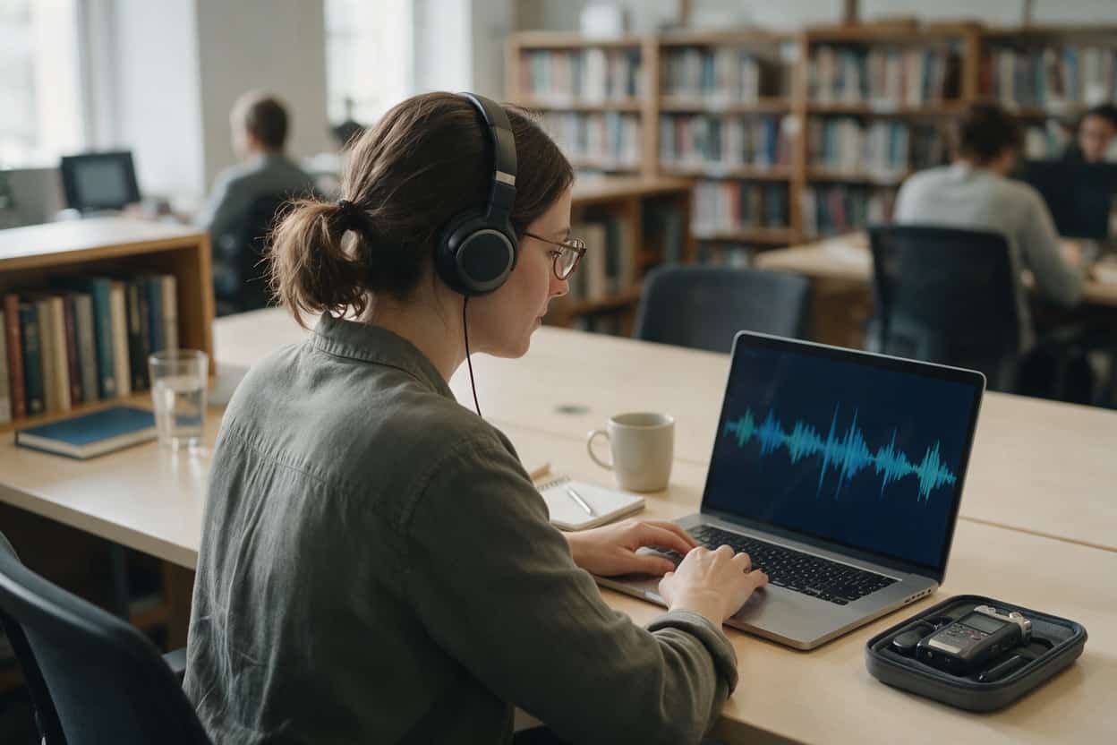 A transcriber listening through headphones and typing up a recording