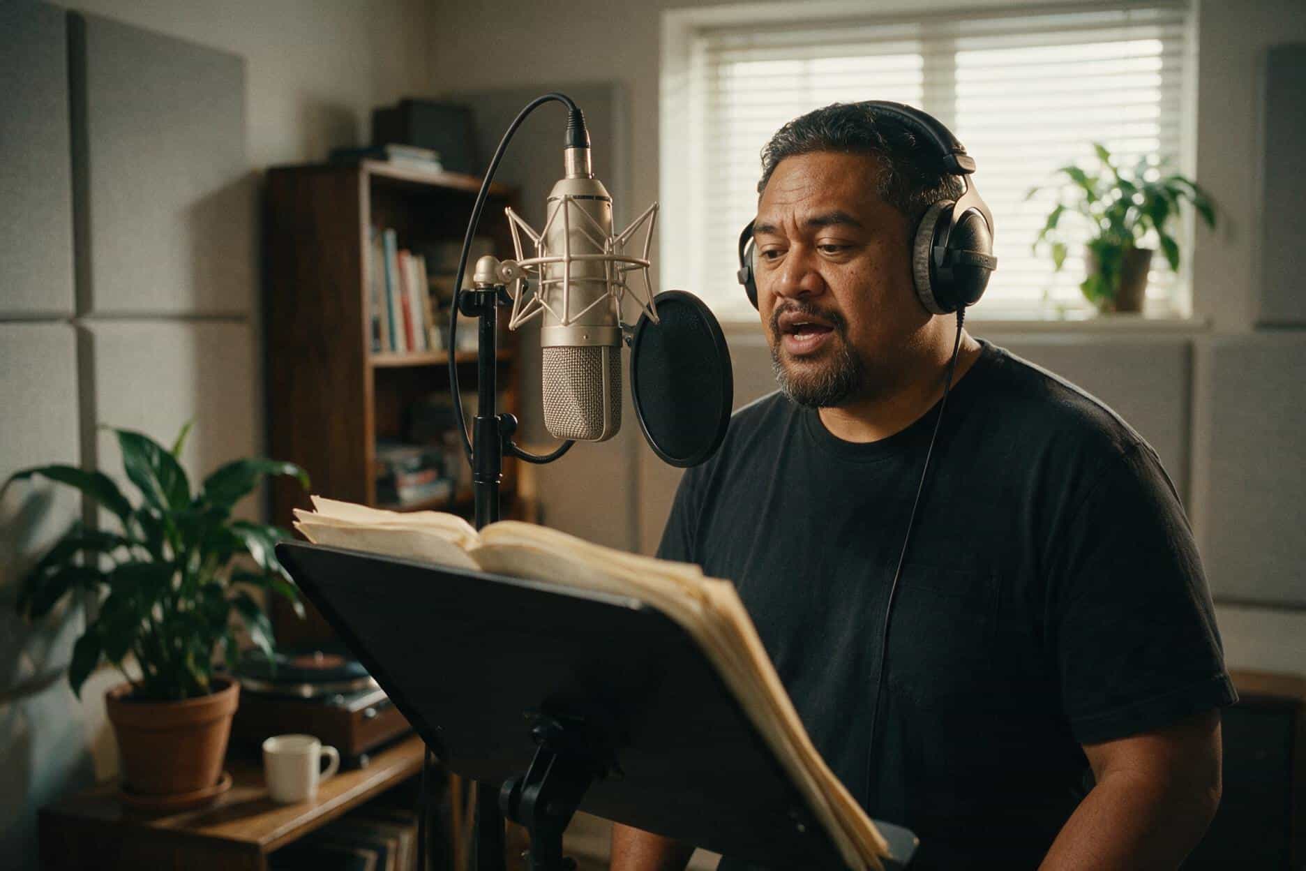 Voice actor at the microphone during a Samoan recording session