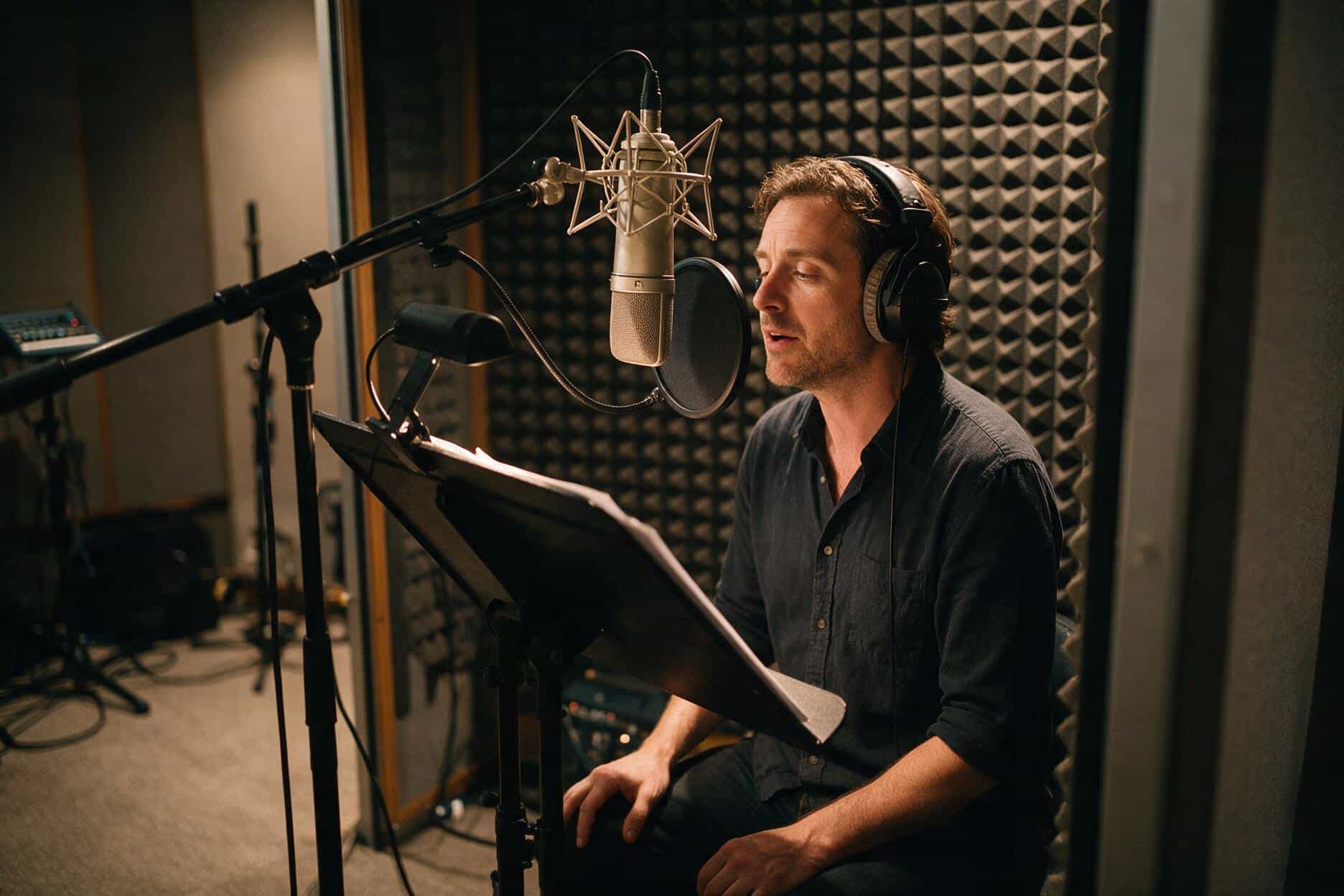 Voice actor reading from a script during a Basque recording session