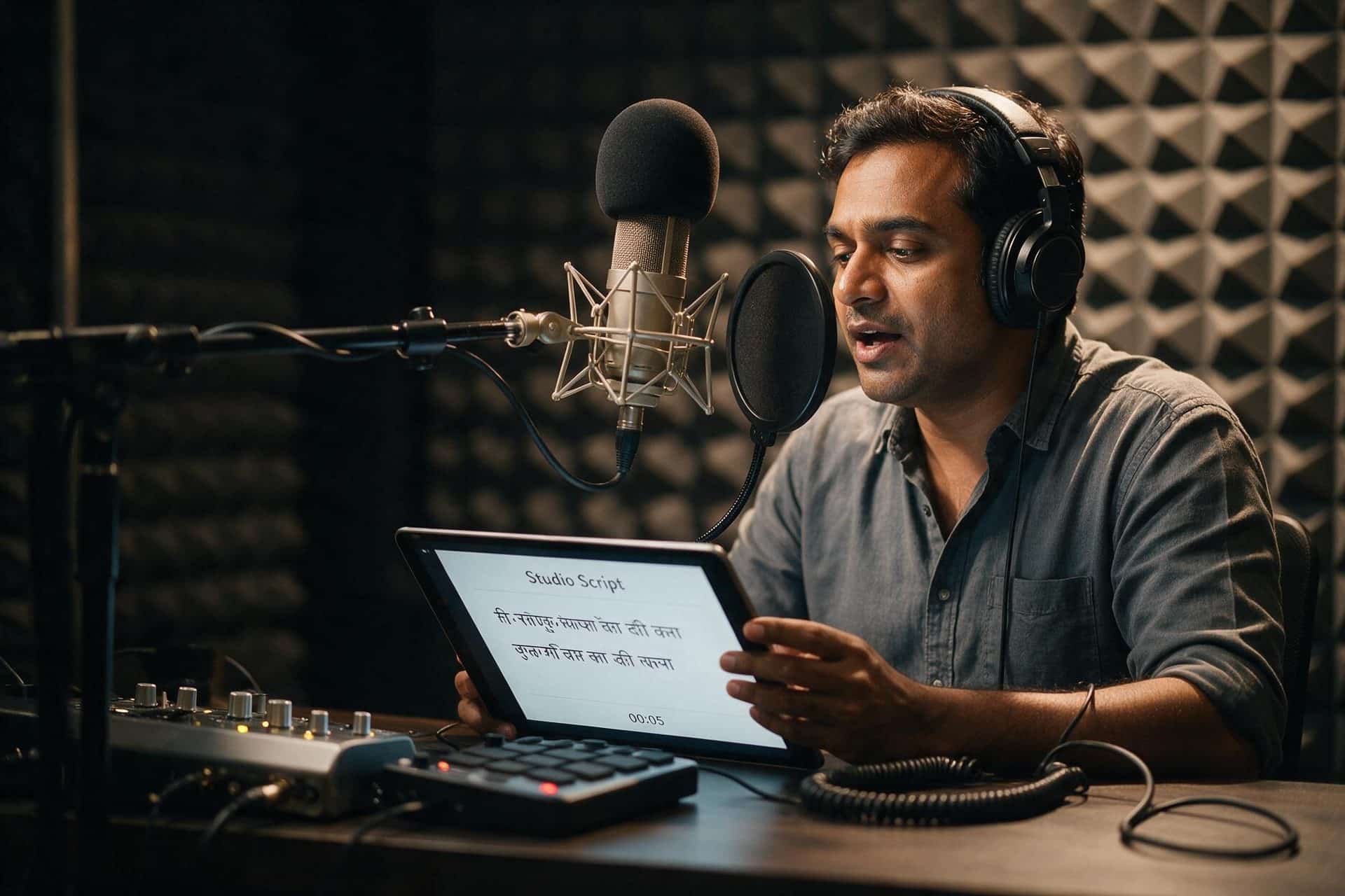Professional Hindi voice actor recording in a broadcast-quality studio