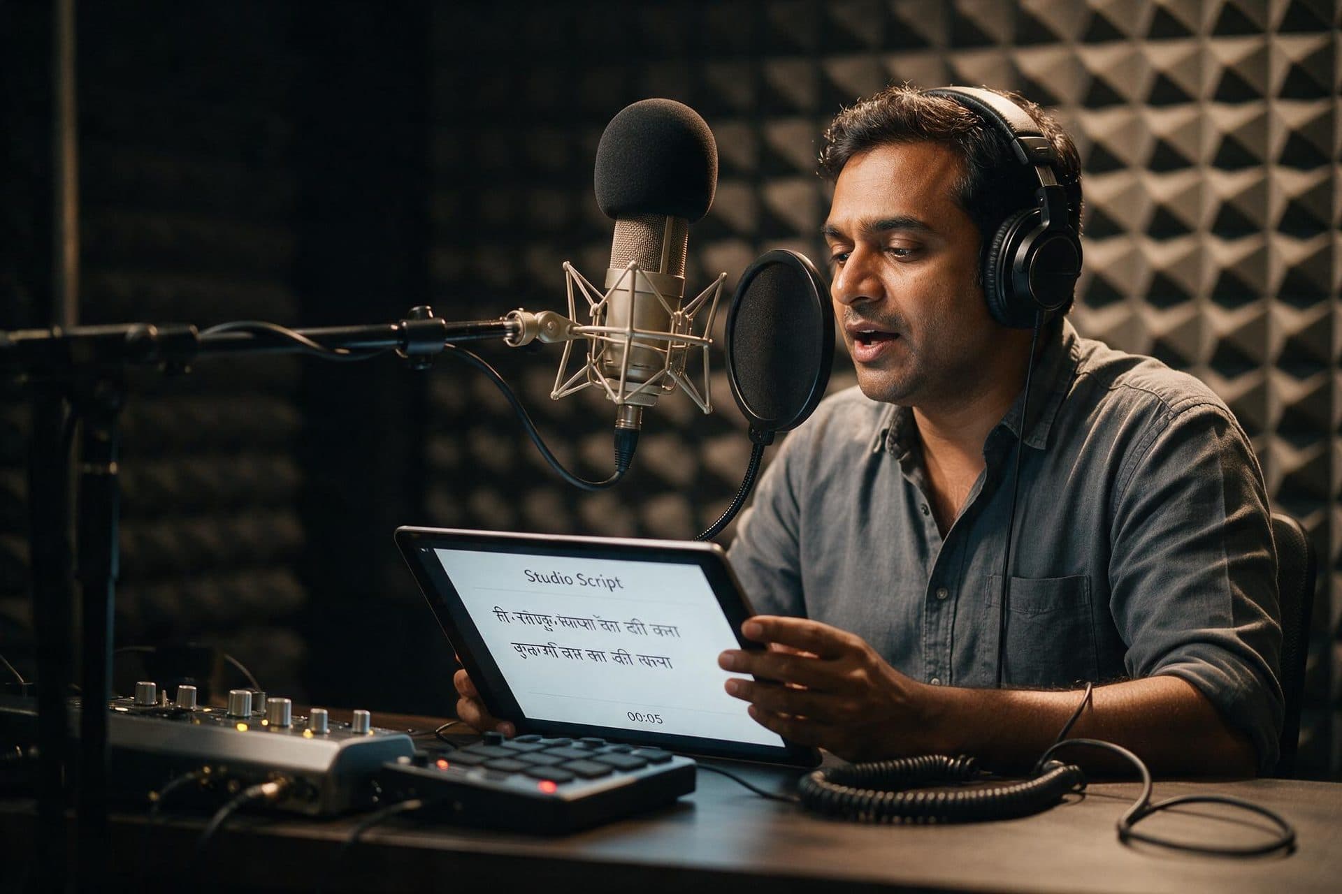 Professional Bengali voice actor recording in a broadcast-quality studio