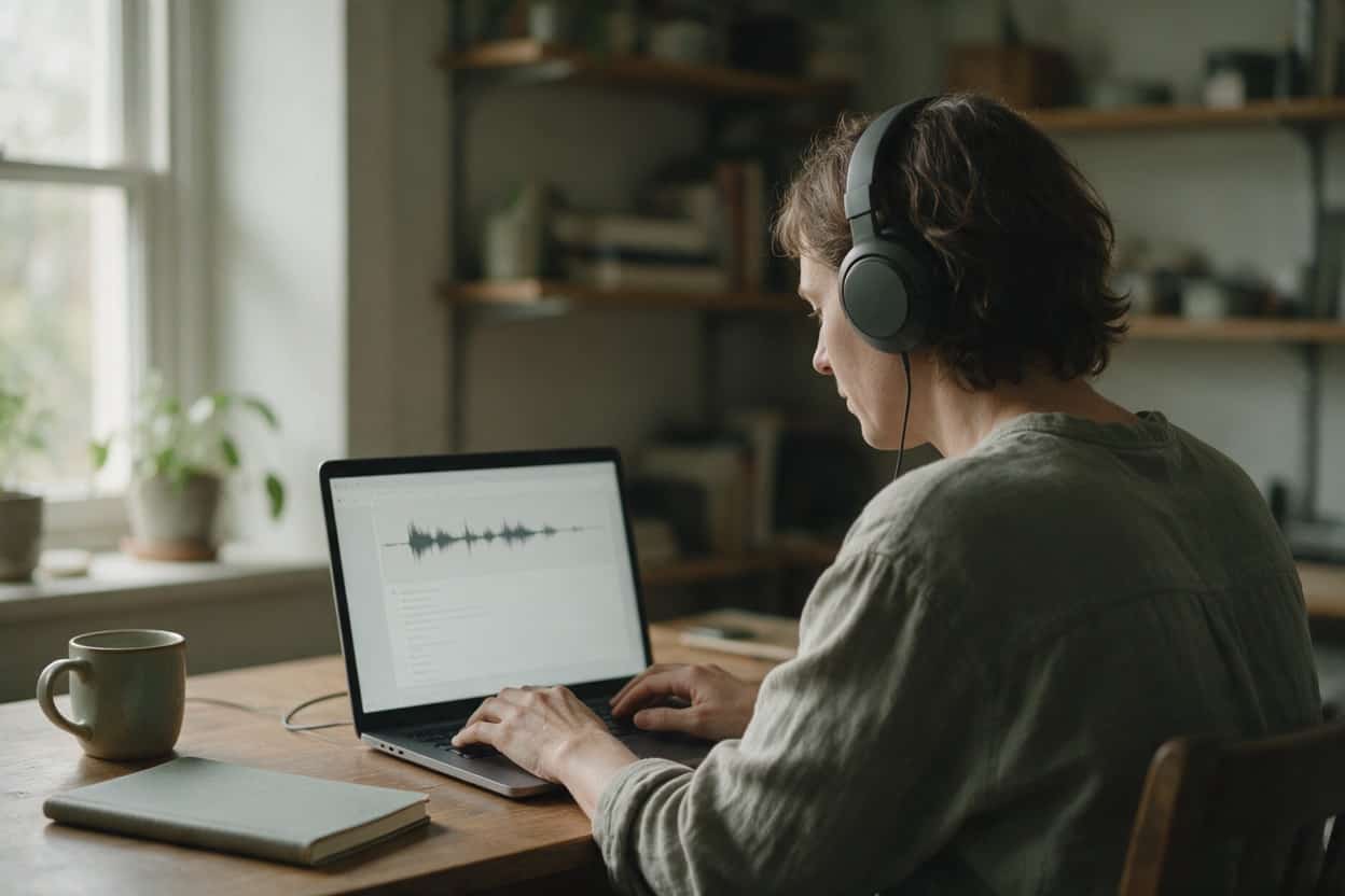 A transcriber listening through headphones and typing up a recording