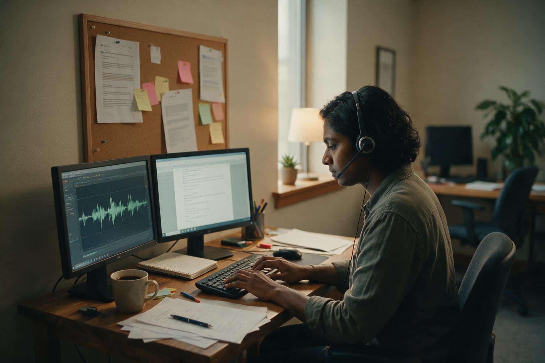 A transcriber listening through headphones and typing up a Awadhi recording