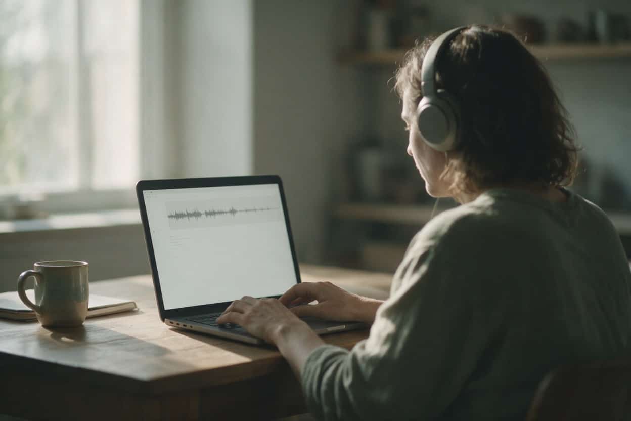 A transcriber listening through headphones and typing up a recording