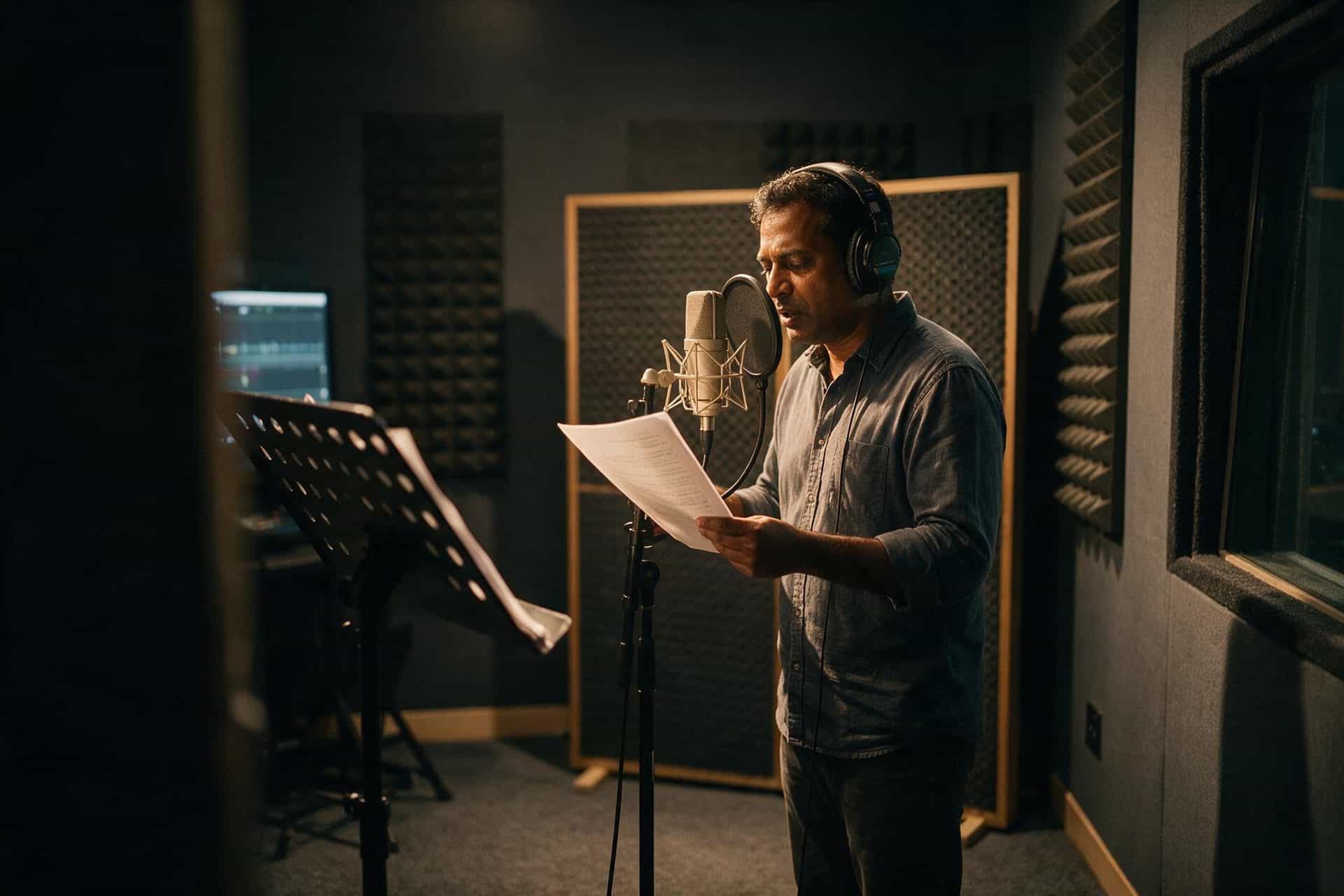 Urdu voice actor recording at a studio microphone in a soundproofed booth